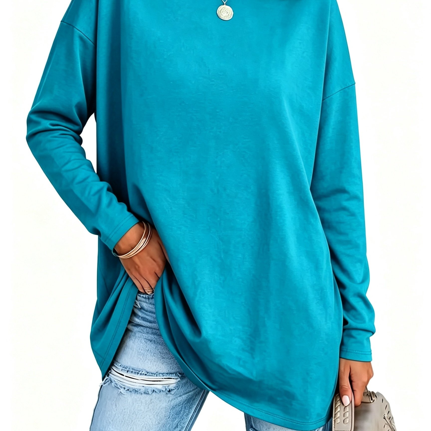 TEMU Plus Size, Plus-size Women's Fashionable Solid Color Round-neck Long-sleeve T-shirt Top, Suitable For Spring And Autumn, Ideal For Everyday