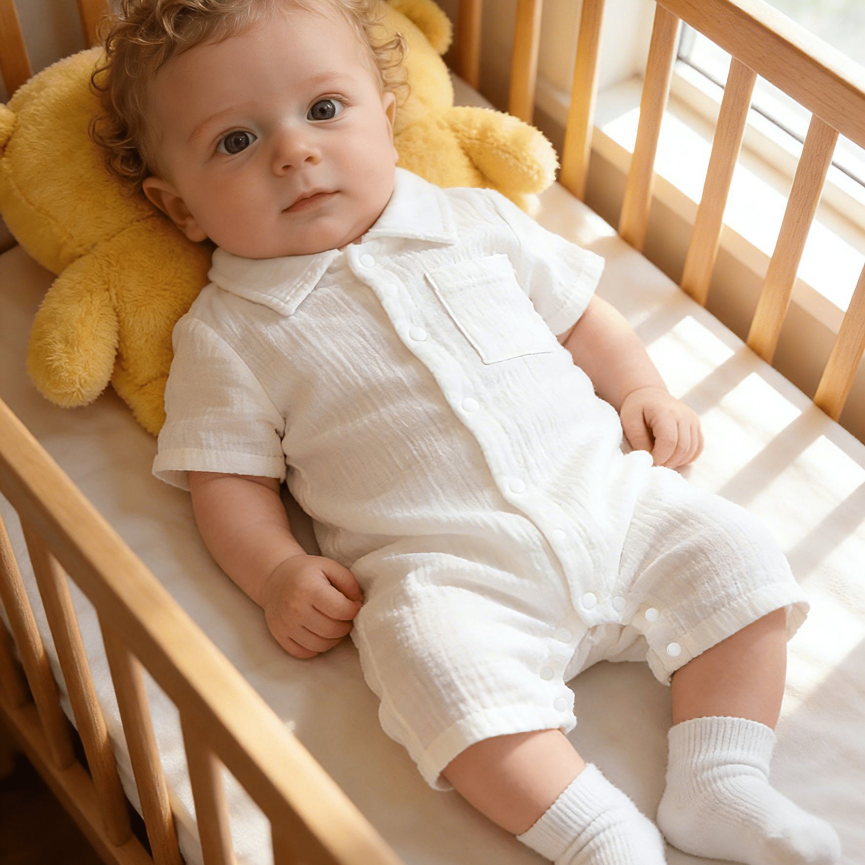 Summer White Collared Short-sleeve Romper, Breathable Button-up Bodysuit, Unisex Simple Gentleman Style Daily Outing Crawling Suit, Perfect For Outdoor