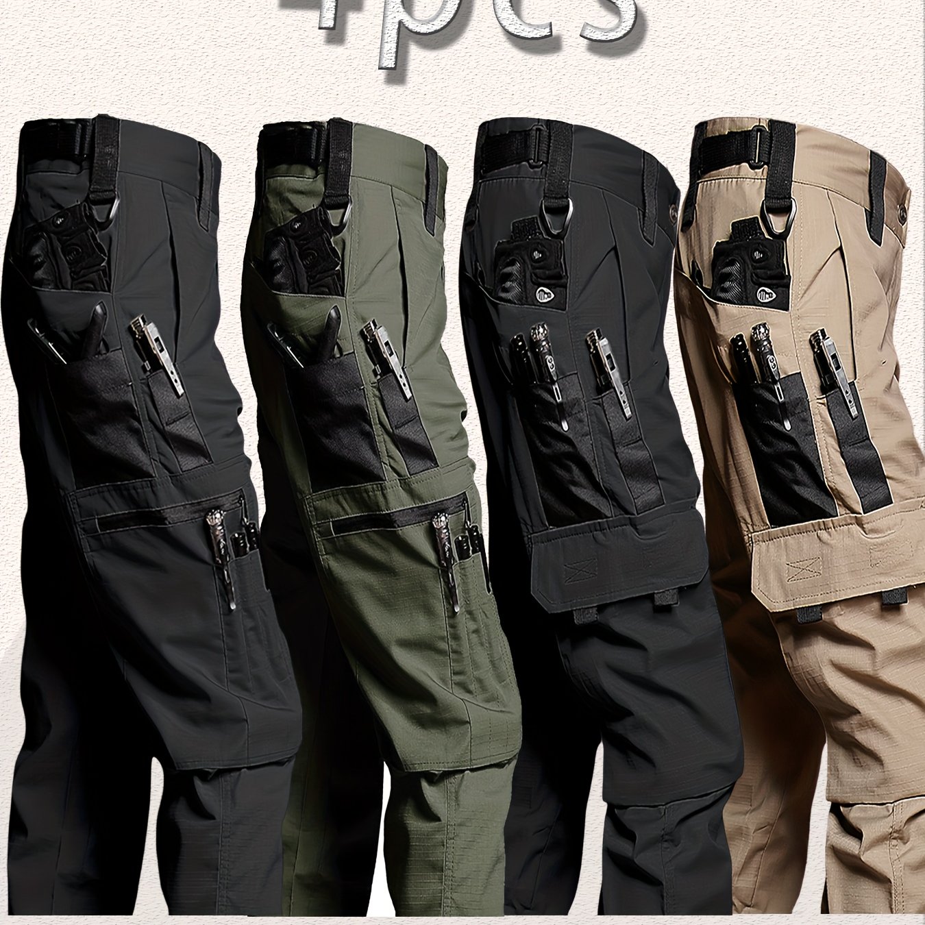 4pcs Men&#39;S High-Performance Tactical Cargo Pants, Sweatproof, Durable Polyester with Multi-Pocket Design for Outdoor Hiking &amp; Everyday Use - Black &amp; Beige, Camping Gear