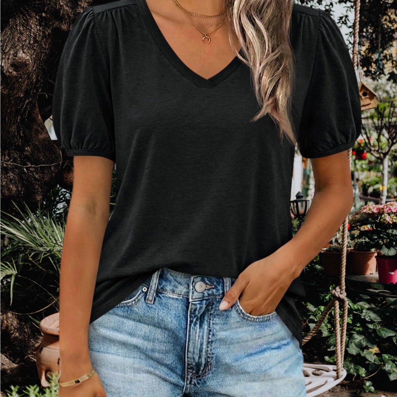Casual Summer Tops For Women Featuring Short Puff Sleeves, A V-neck, Pleated Design, And A Relaxed Fit With A Curved Hem
