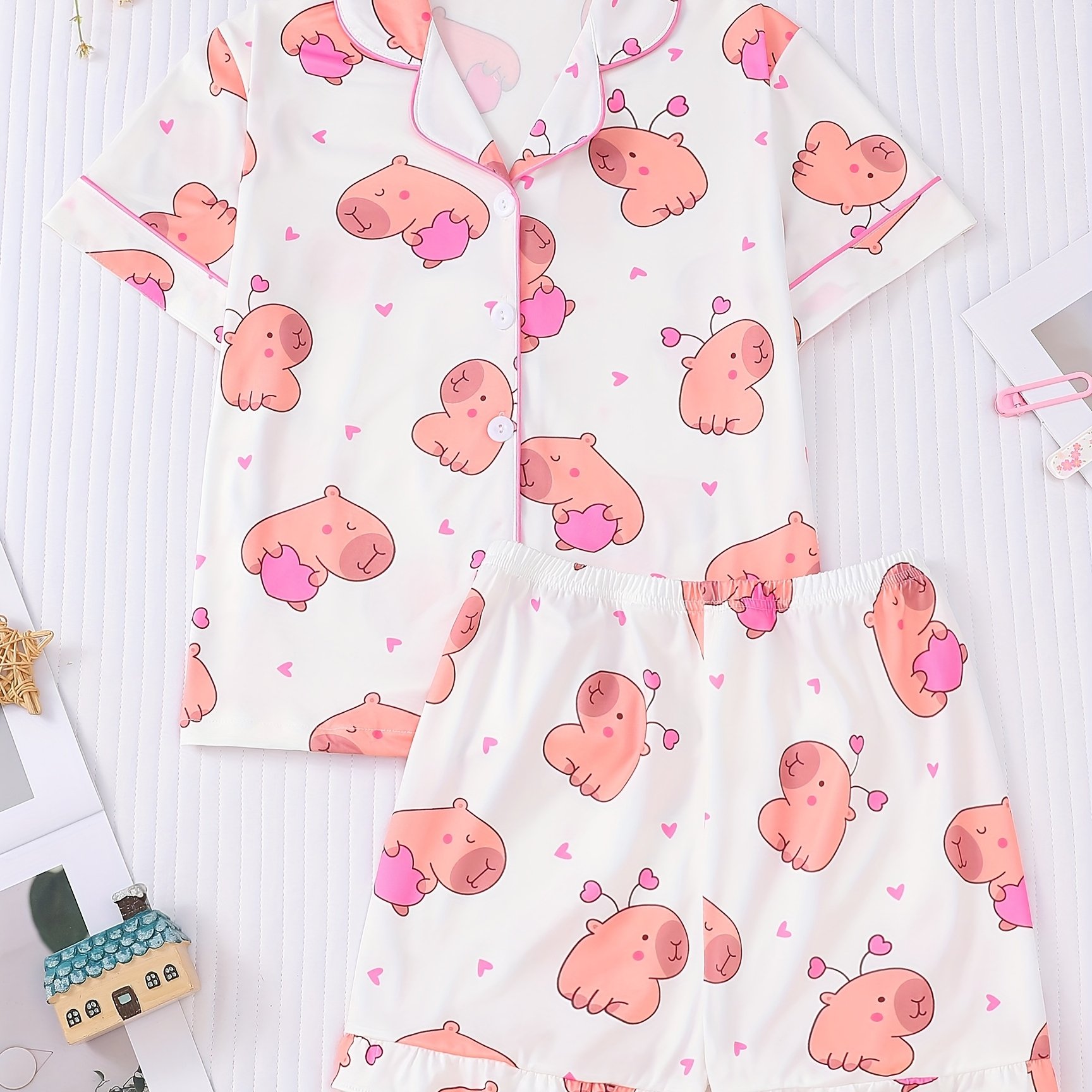 Image of Tanyun Girls' Short-sleeved Pajamas Flame Retardant Spring Collarless Thin Cardigan Girls' Medium And Large Children's Base Piglet Print Children's Wearable Home Clothes Girls' Cartoon Set