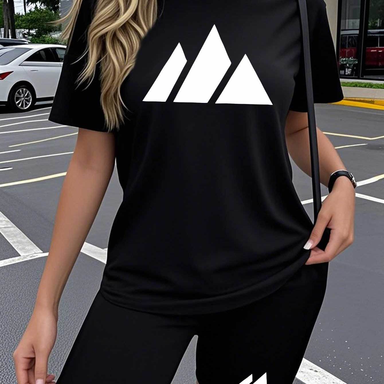 TEMU 2pcs Women's Set, With Fun Popular Print Patterns, European And American Women's Round Neck T-shirt And Elastic Waist Shorts, Women's Casual