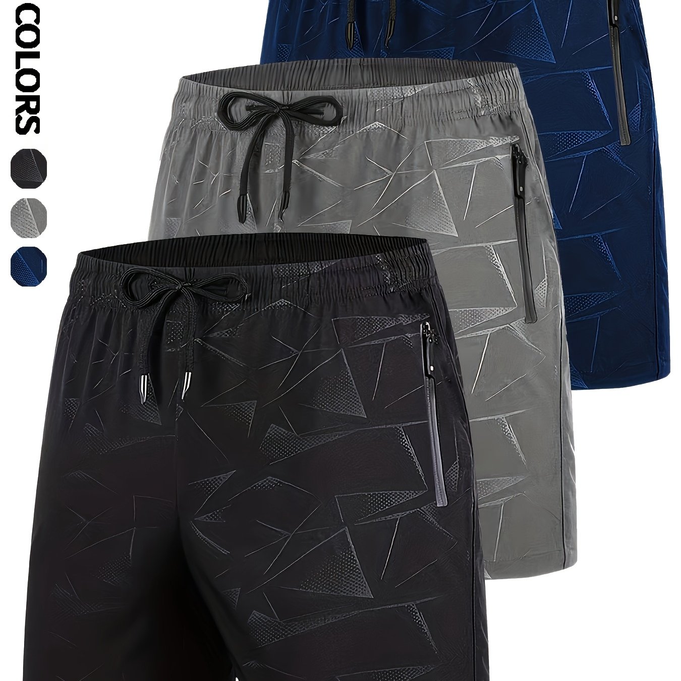Image of Men's Shorts Three-piece Set, Plus Size, Casual Sports, Quick Dry, Breathable Stretch Shorts, Zippered Pockets, Running, Fitness, Cycling, Hiking, Swimming, Outdoor, Shorts, Plus Size
