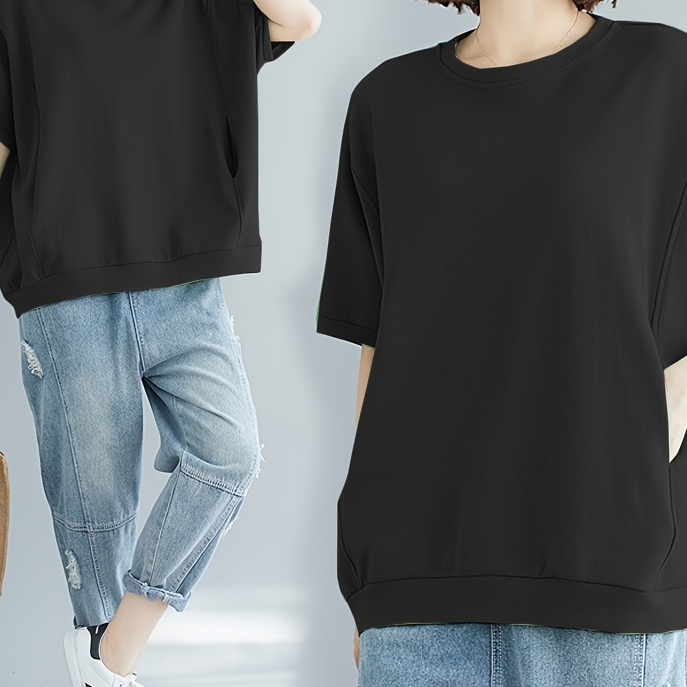 TEMU 春夏向けの女性用新作半袖トップス。ゆったりとしたフィット感で、シンプルでゆったりとしたデザイン。ポケットが付いており、実用性とデザイン性をプラス。快適で肌に優しい生地を使用しています。