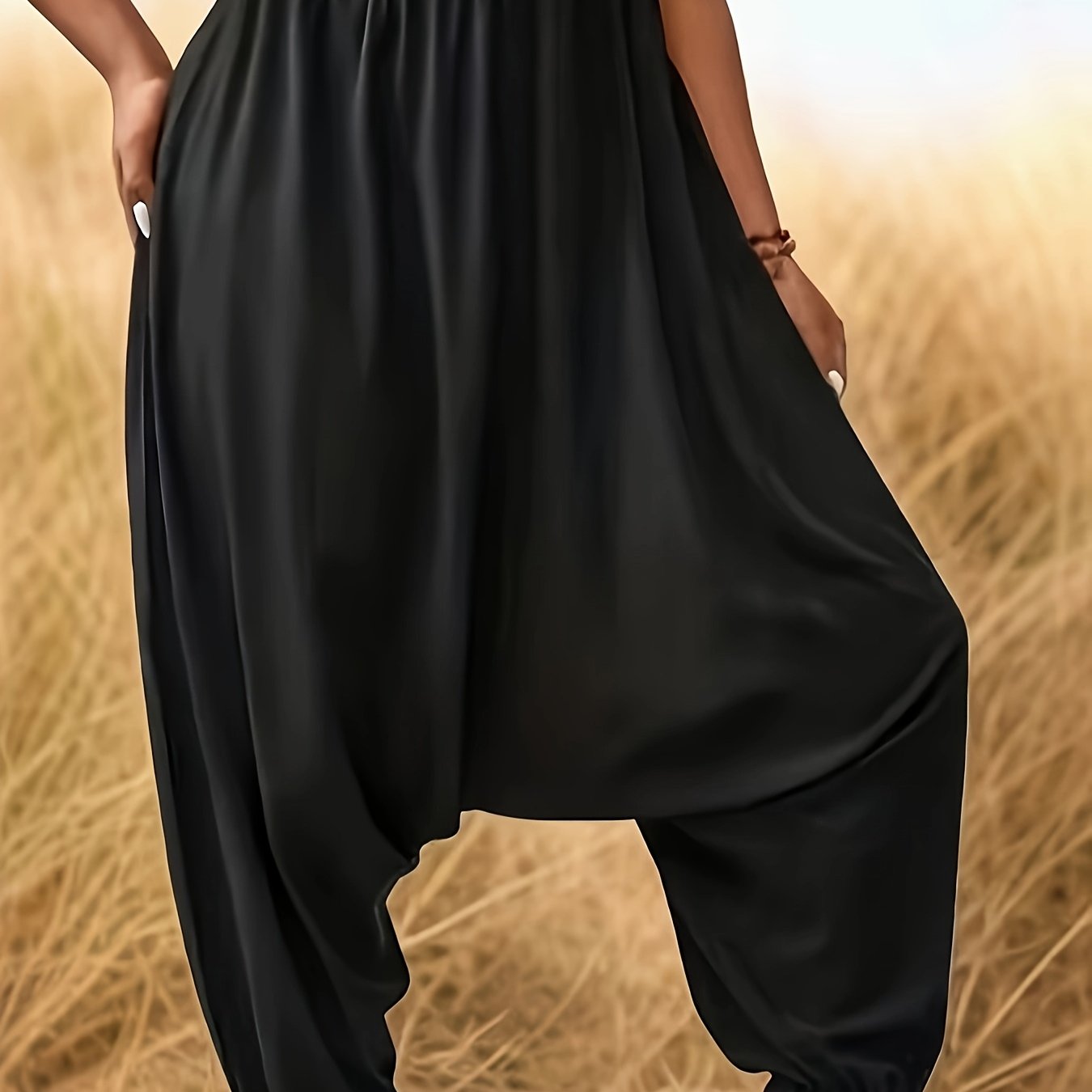 TEMU Solid Color Pleated Loose Harem Pants, Spring/summer Elastic Waist Casual Trousers