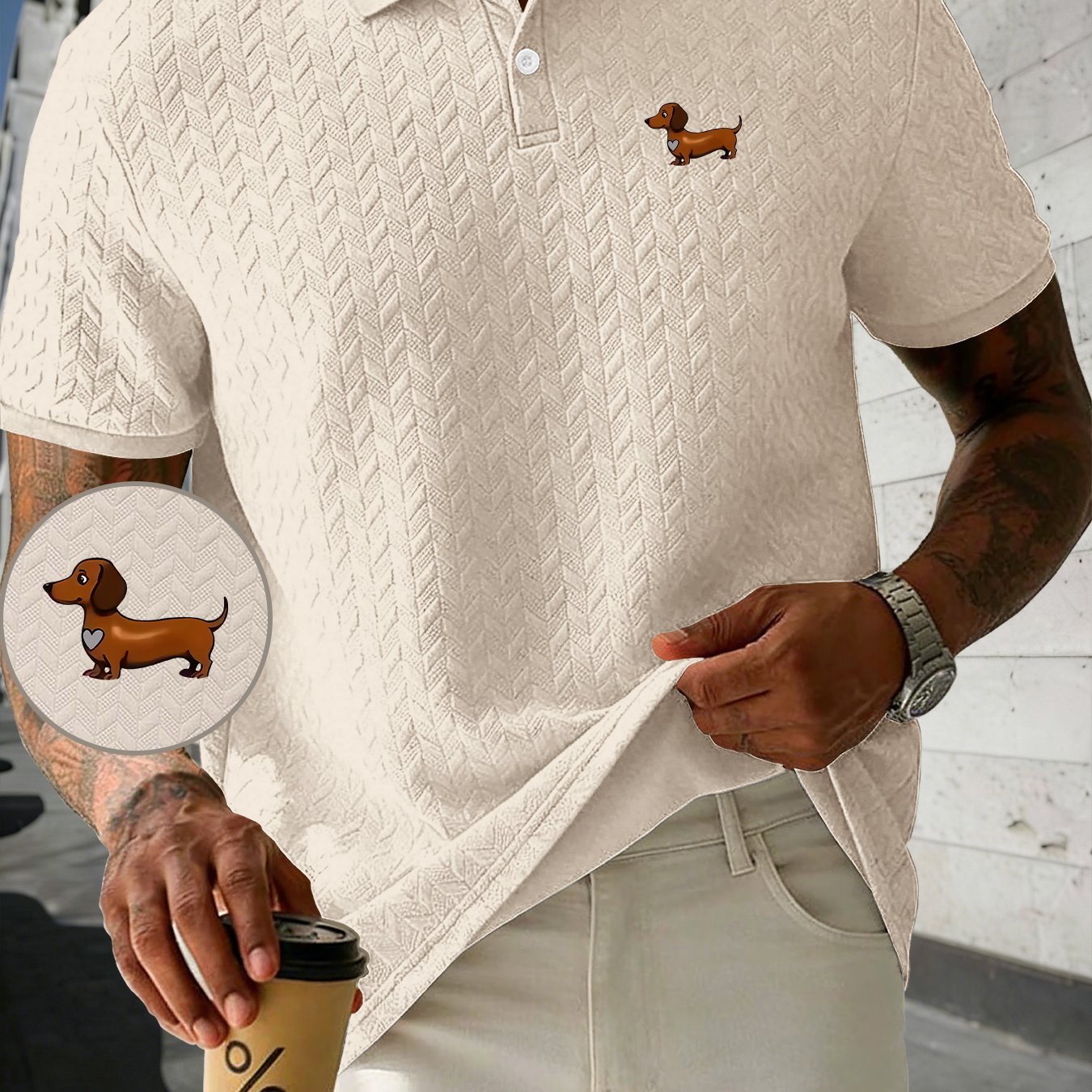 TEMU Men's Summer Casual Versatile Top, Cartoon Dachshund Pattern Lapel Golf Shirt Collar, Suitable For Summer Sports And Leisure Outing Fashion