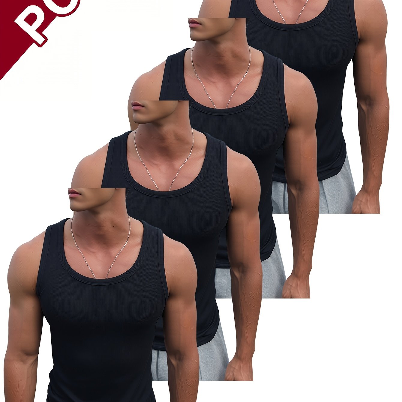 TEMU 4pcs Men's Fashion Ribbed Solid Color Undershirts, Large/low Neckline, V-neck, Stretchy Athletic Fitness Slim Fit Tank Tops For Hurdles,