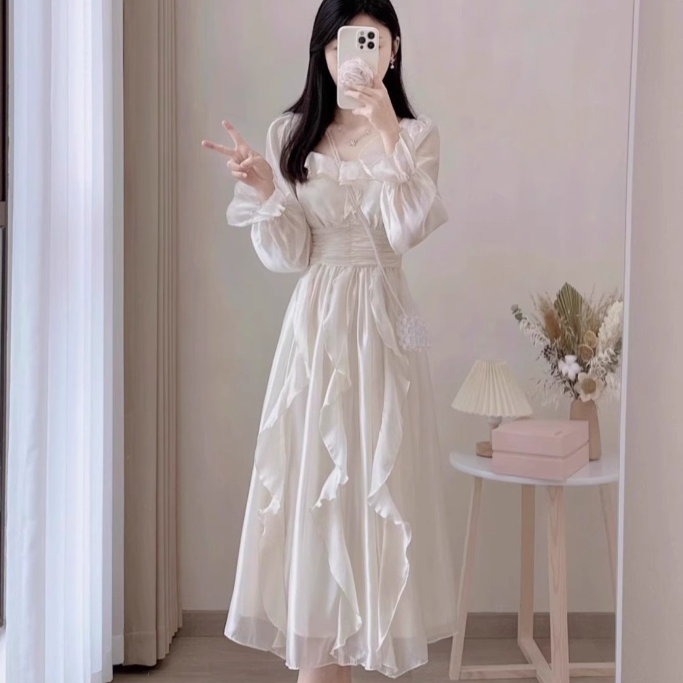 TEMU フレンチホワイト 長袖ドレス レディース 秋 気品 超プリンセスドレス ウエストジェントルウィンド ロングスカート