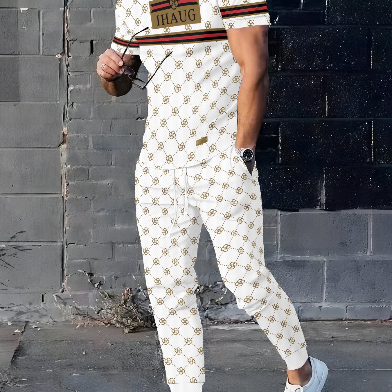 TEMU Men's Short Sleeve Long Pants Athletic Suit, Athletic Casual Round Neck Micro-elastic Knit Two-piece Set, Striped Pattern T-shirt And Long Pants