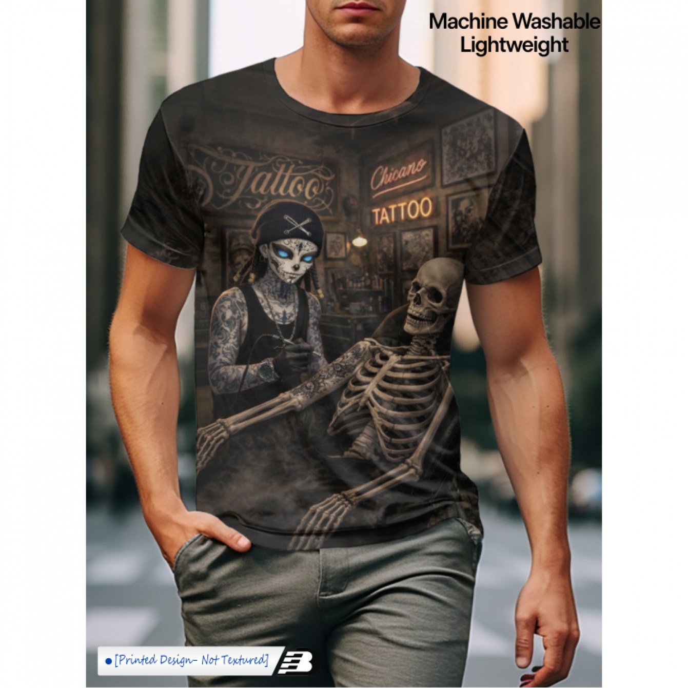 TEMU Men's Casual T-shirt, Comfortable And Breathable, With Print, Featuring Tattoo Artist And Skull Design, Dark Gray Tone. Lightweight And