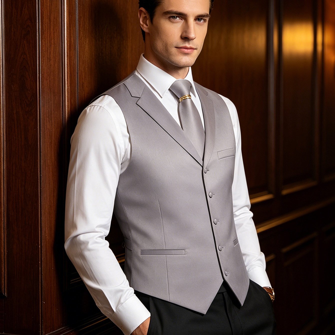 Image of Men's Big Size Lapel Solid Waistcoat 4-in-1 Combo (vest Tie Pocket Square ), Formal Dress Suit Vest For Wedding Cocktail Events, Plus Size