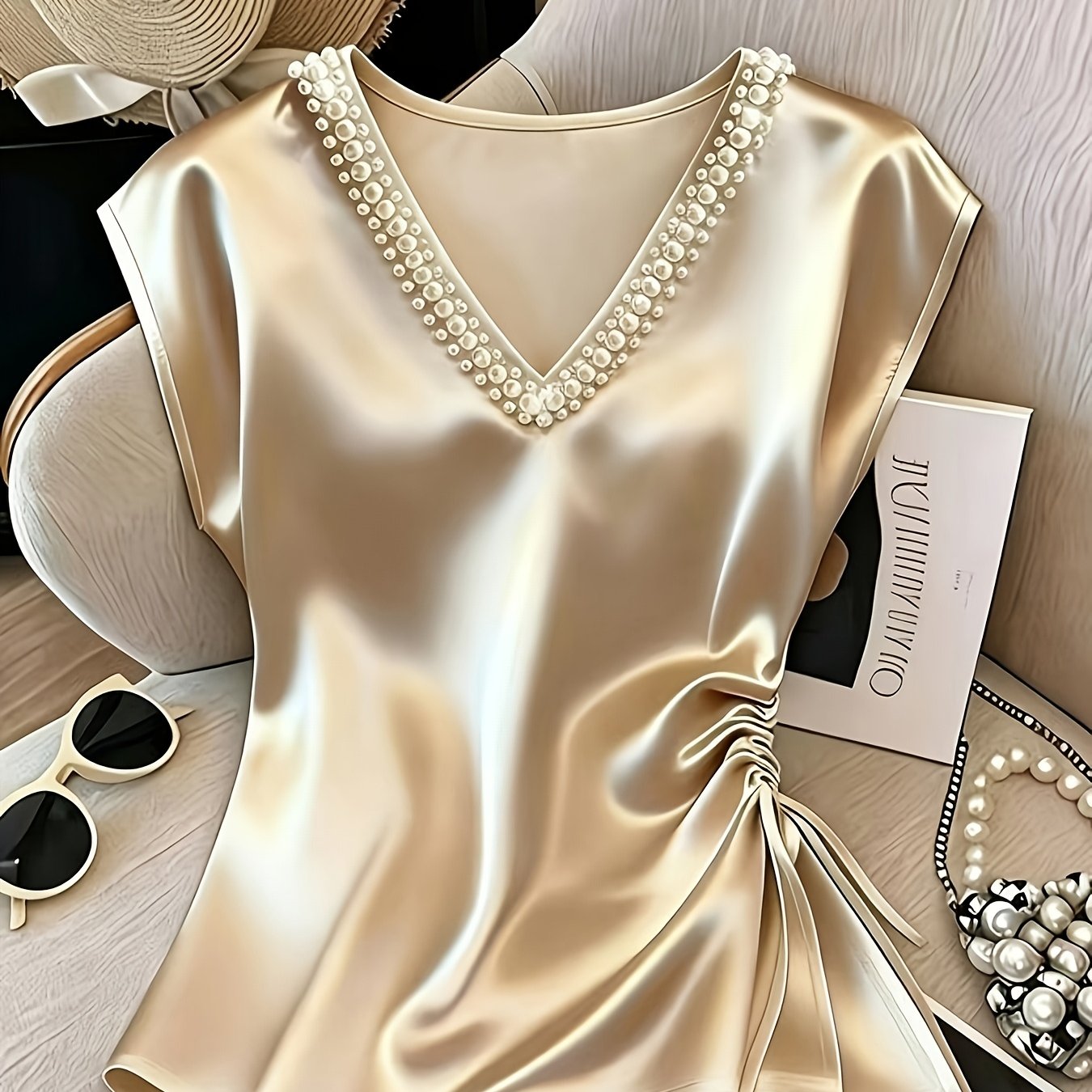 TEMU Haut élégant en satin pour femmes avec col en V, de perles, fente latérale, cordon de serrage et chemise en satin