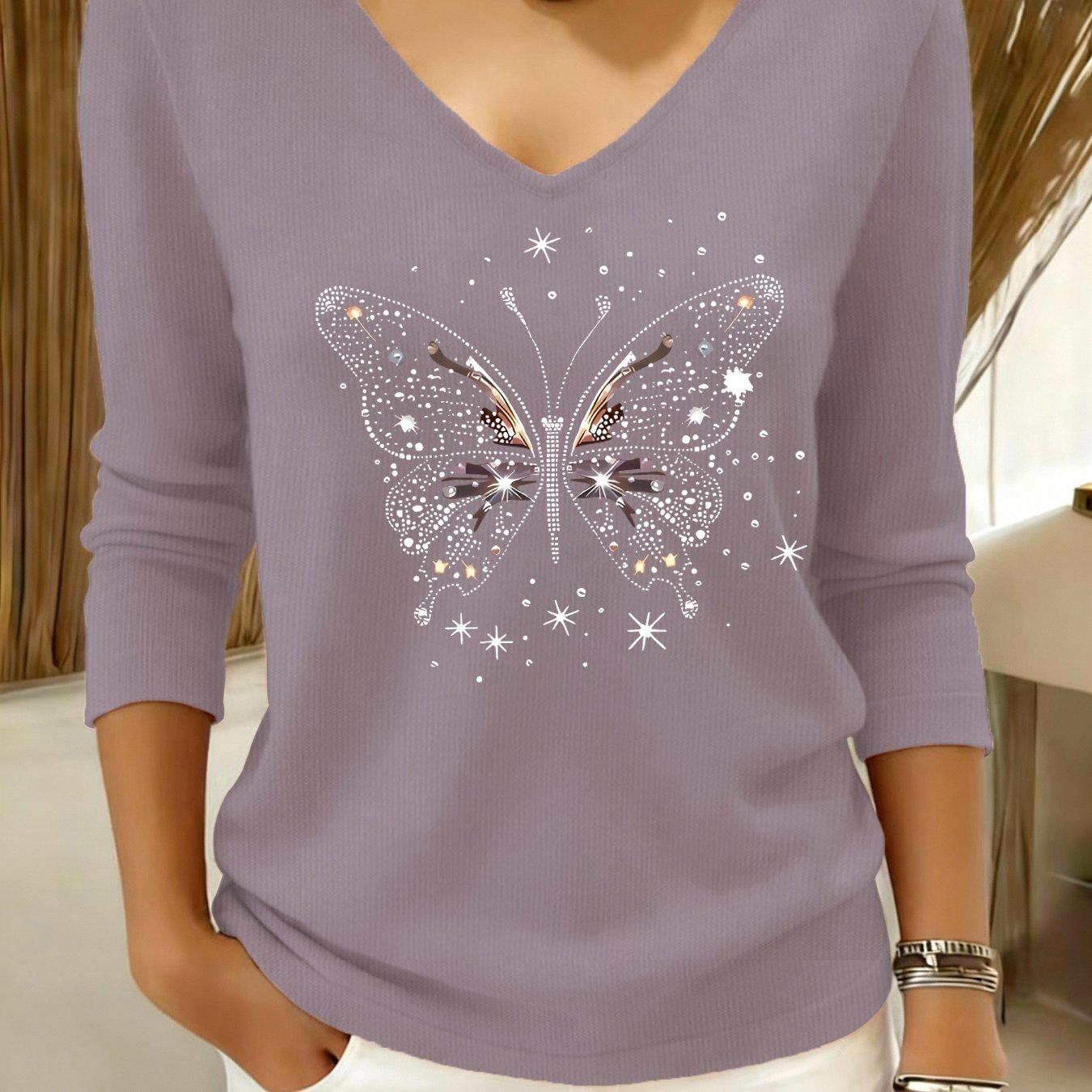 TEMU Women's Casual Sweater - Long Sleeve Loose V-neck Pullover, Slightly Stretchy Comfortable Top, Textured Design, Durable Fabric, Fashionable