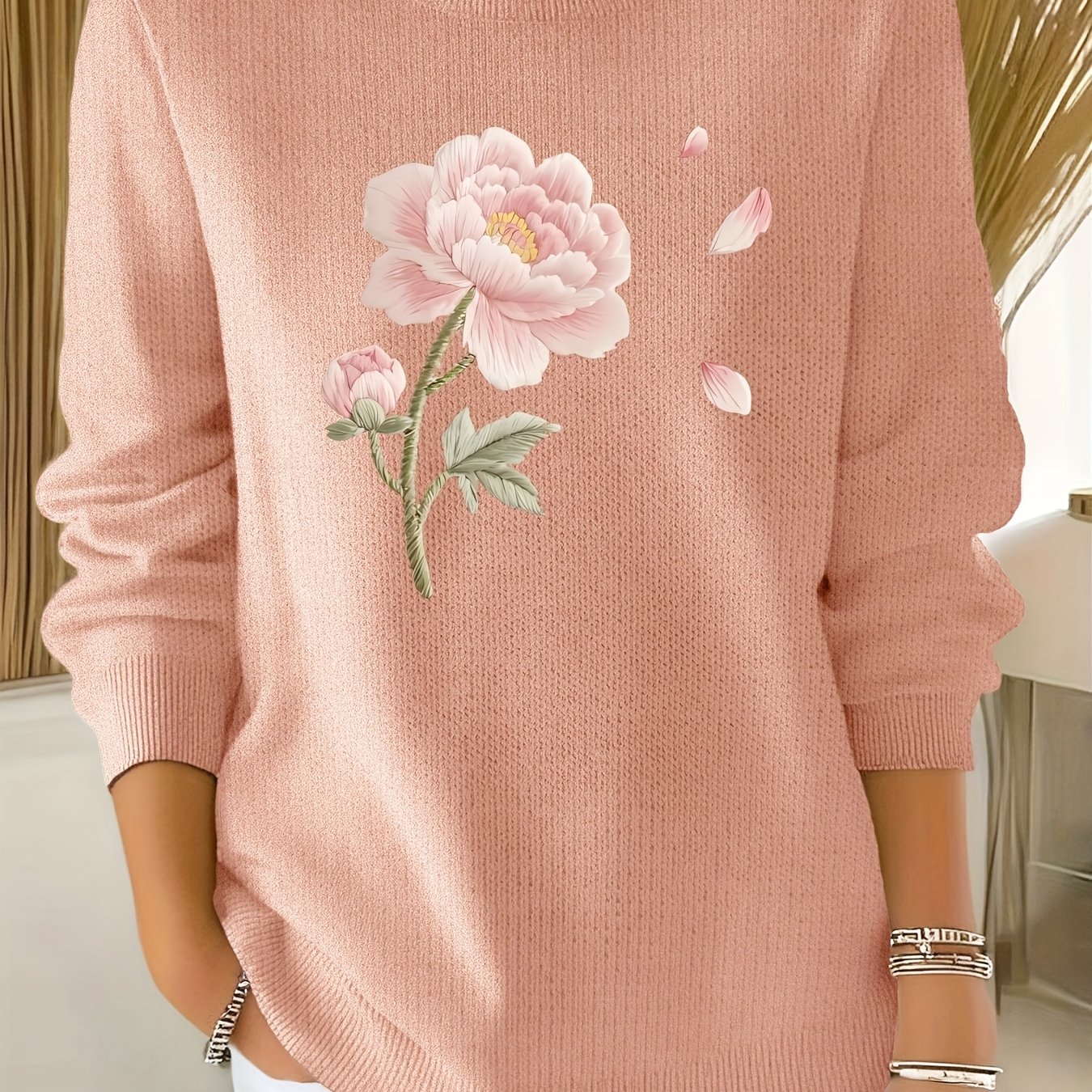 TEMU 2d Printed Embroidery-like Women's Commuter Versatile Fine Sweater, Comfortable Fabric, Long Sleeve Sweater With "flower Embroidery" Pattern