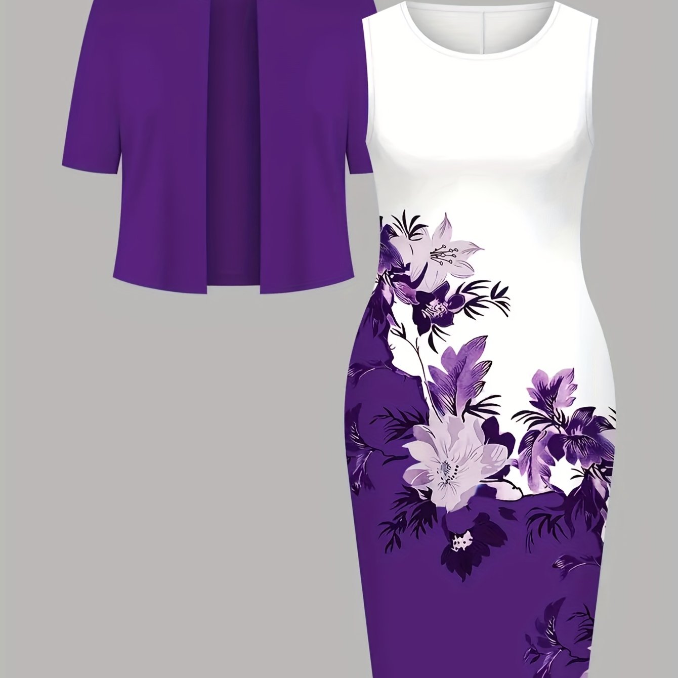 E-shop Neues elegantes Damen-2er-Set: Einfarbige Kurzarm-Strickjacke mit Kleid mit Blumendruck