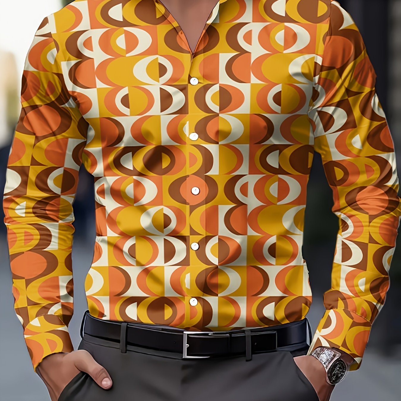 TEMU [printed Design - Not Textured] - Men's Long Sleeve Shirt, Lapel Collar, Button Front , Orange-yellow Base With Full Geometric Diamond Print,