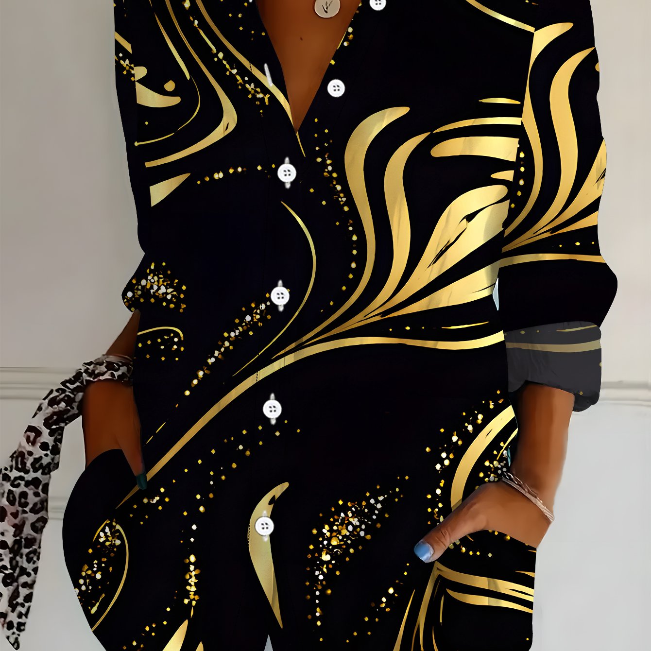TEMU Plus Size Women's Long Sleeve Shirt, Luxurious Style Printed, Loose Fit Printed Blouse, Textured Style, Mid-length Women's Long Sleeve Collared