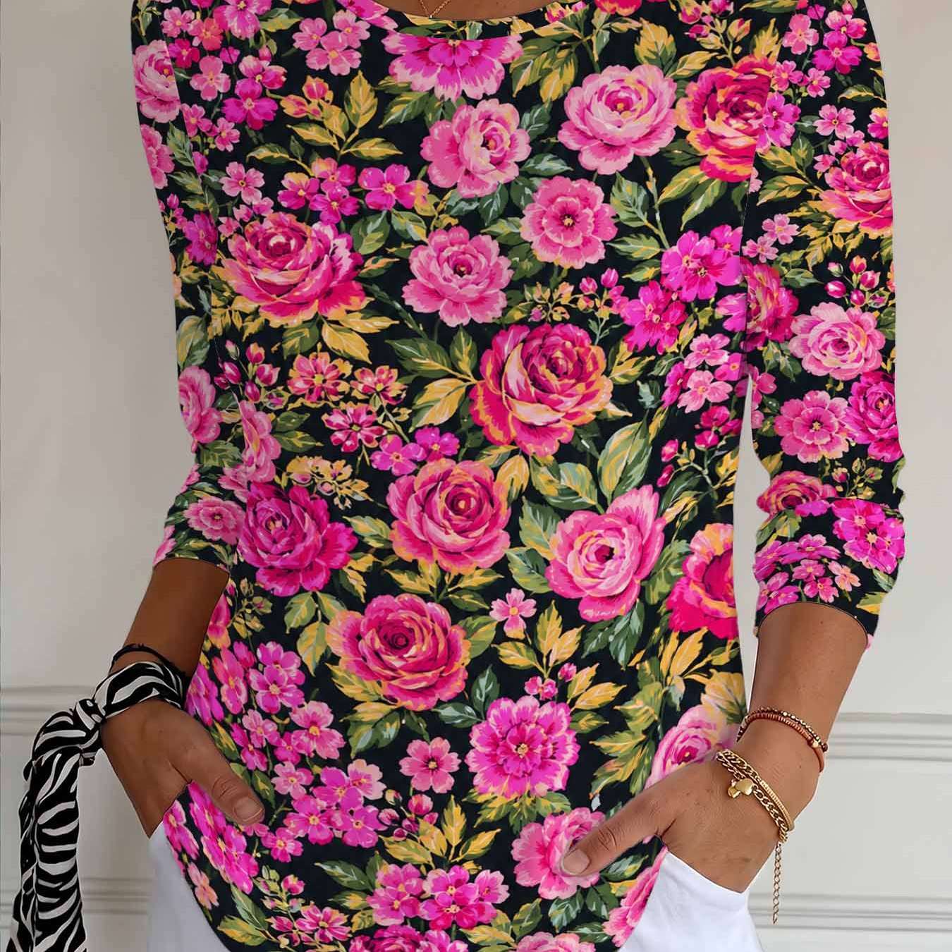 TEMU Women's Round Neck Long Sleeve T-shirt, Floral Pattern Of Roses And Small Flowers, Soft And Comfortable Fabric With Full Body Print, Machine