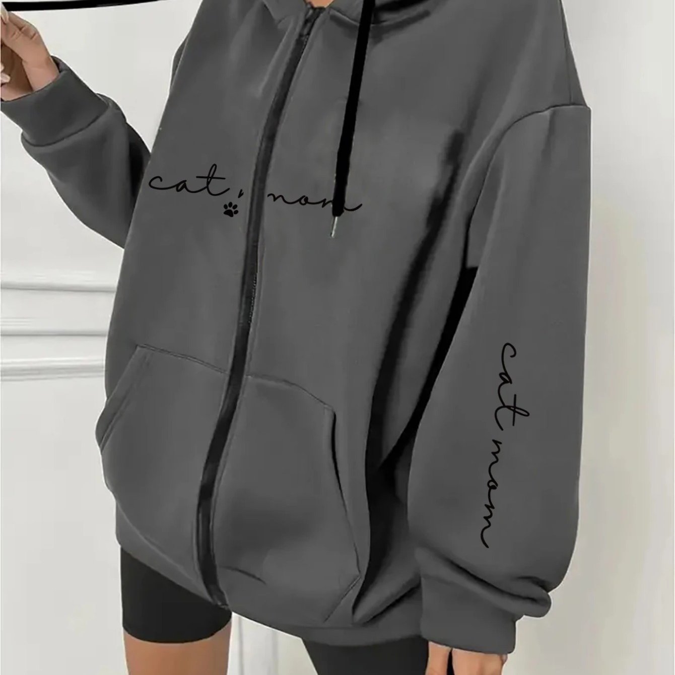 TEMU Plus-size Women's Comfortable Casual Hoodie With A Stylish 'cat' Letter Design, Featuring A Long-sleeve, Round Neck, Lightweight, Stretchy