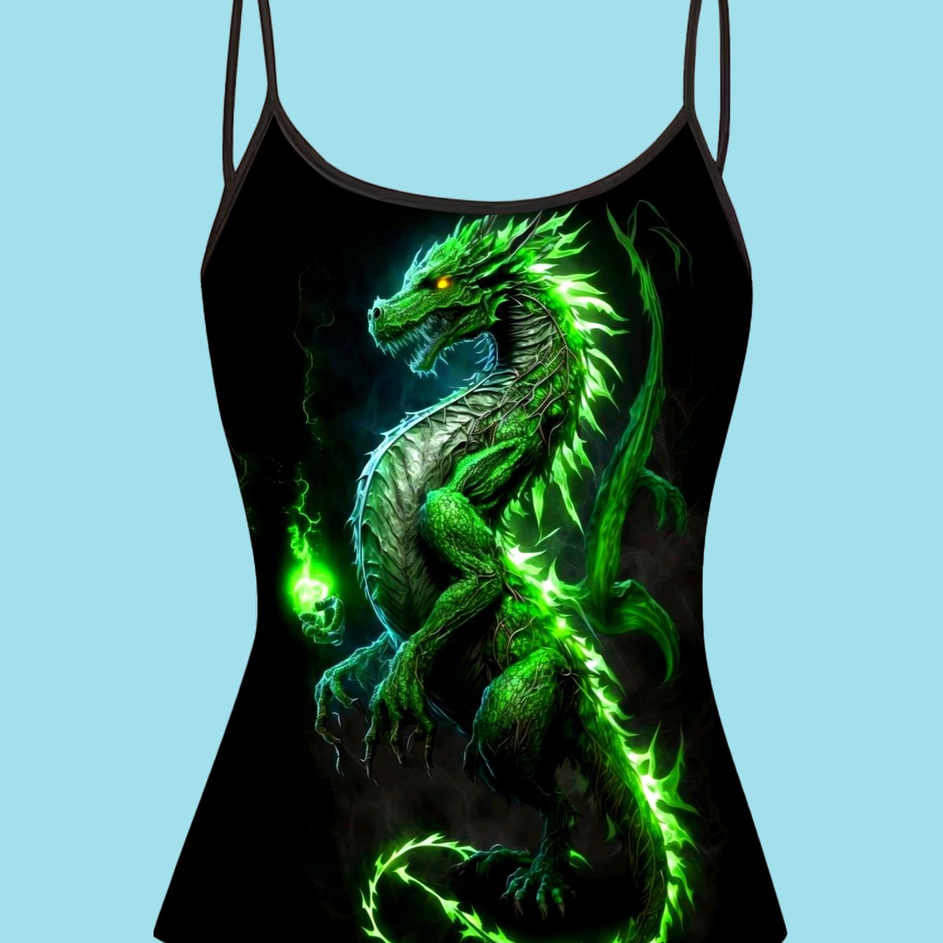 TEMU Fluorescent Green Dragon Print Top With Thin Straps, Featuring A Style
