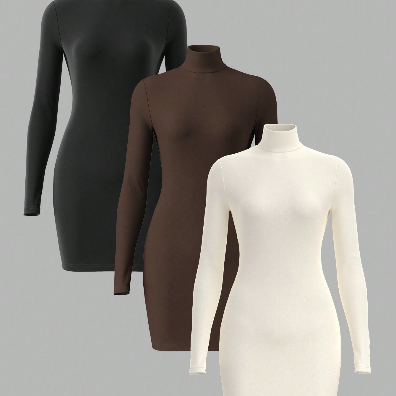 TEMU 3pcs Women's Winter Warm High Neck Slim-fit Solid Color Dress - Elegant Straight-cut Party Wedding Guest Dress, Machine Washable Cozy Attire For