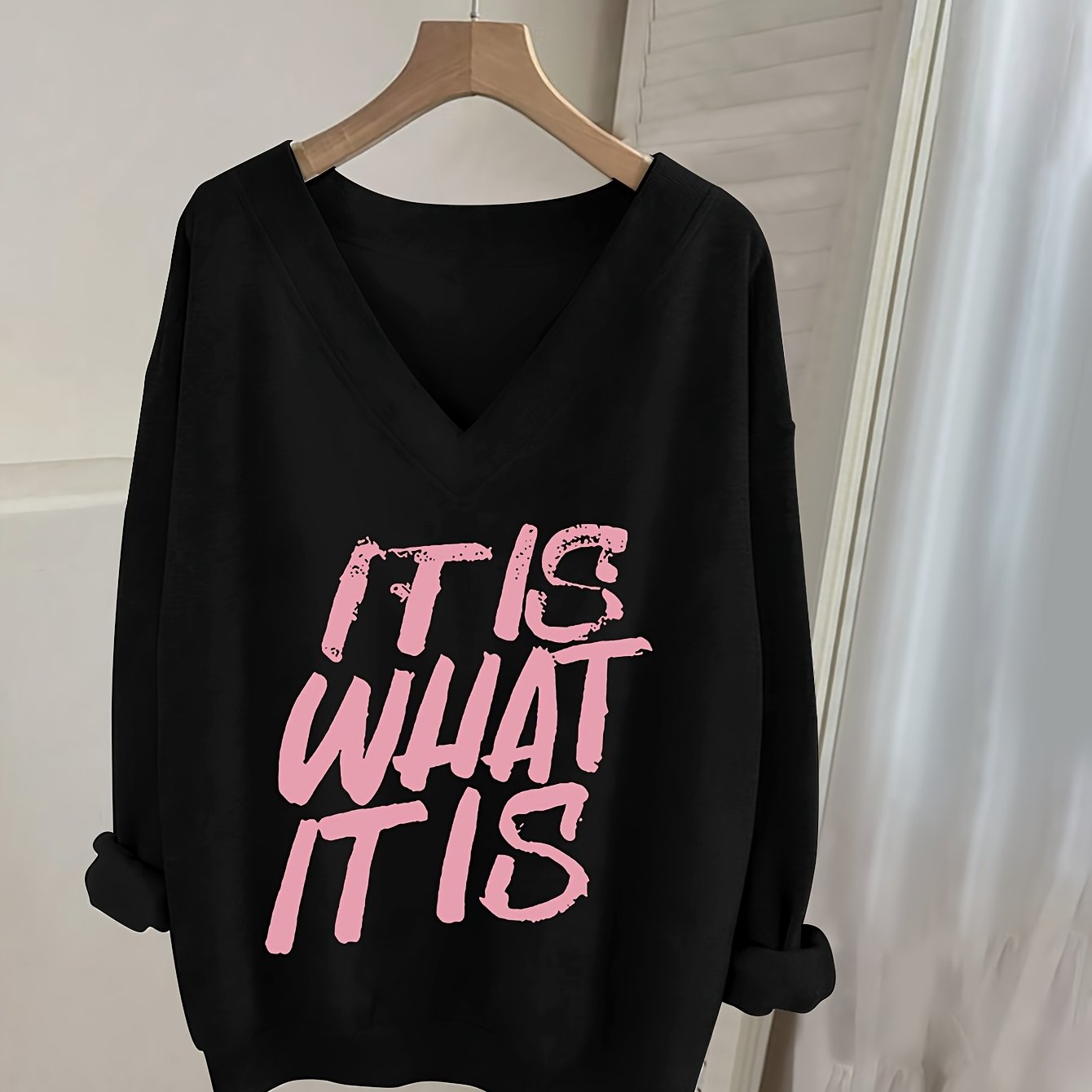 TEMU 0829, Women's Casual V-neck Long Sleeve Sweatshirt With Letter Print, Long Sleeve T-shirt, Long Sleeve Top, Fashion Top