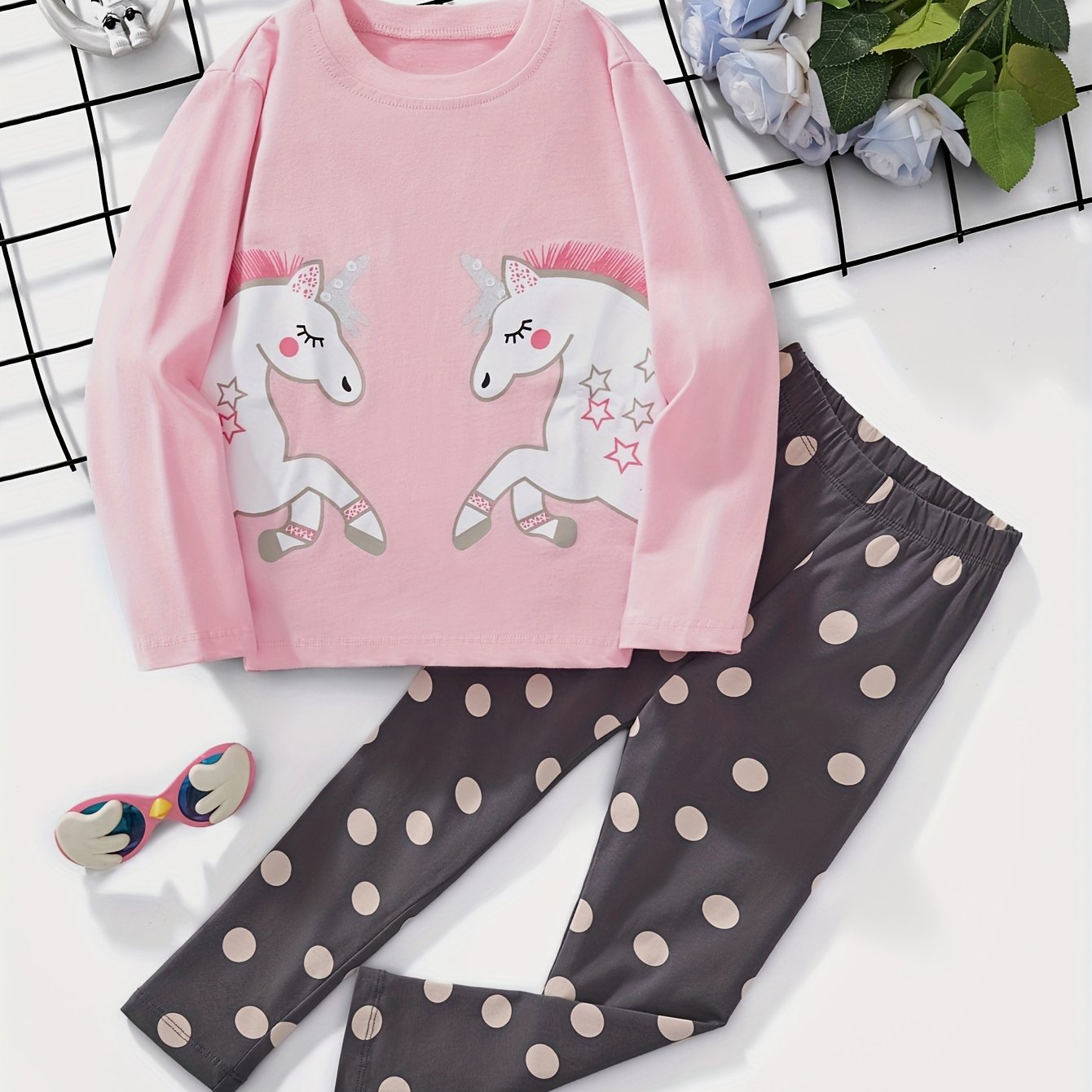 Girls' Casual Long Sleeve T-shirt And Shorts Set, Cartoon Unicorn Print Pattern, Autumn Outdoor Trendy Style, For Outdoor
