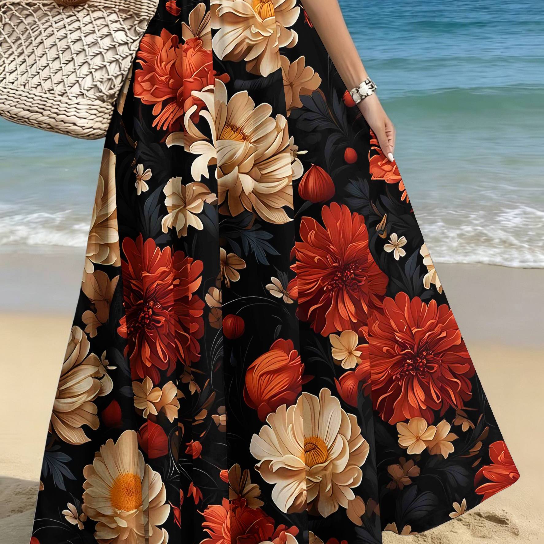 TEMU Plus Size Women's Elegant Fashion Skirt, Casual Printed Midi Dress, Retro Floral Pattern Dark Background Print, /casual/date/party/beach Women's