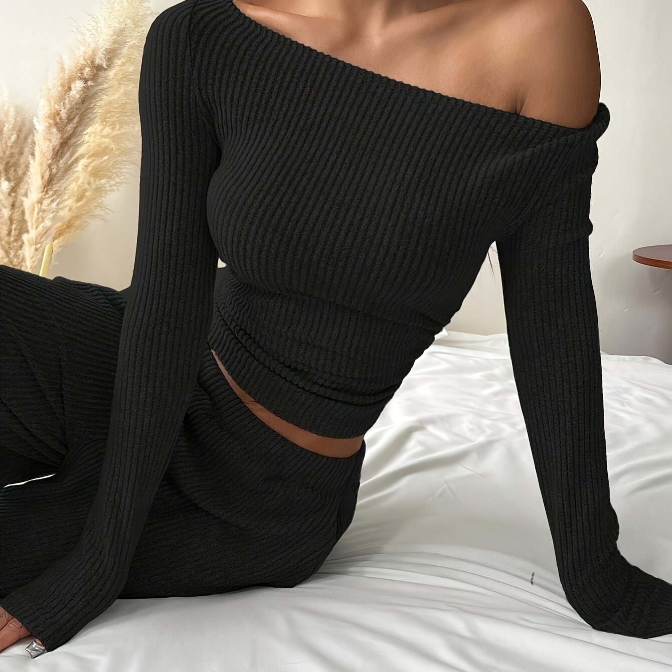 Image of Ladies' Spring And Autumn New Elegant Versatile Wear Ribbed Large Round Neck Long-sleeved Slim Top And Loose Long Pants Two-piece Set