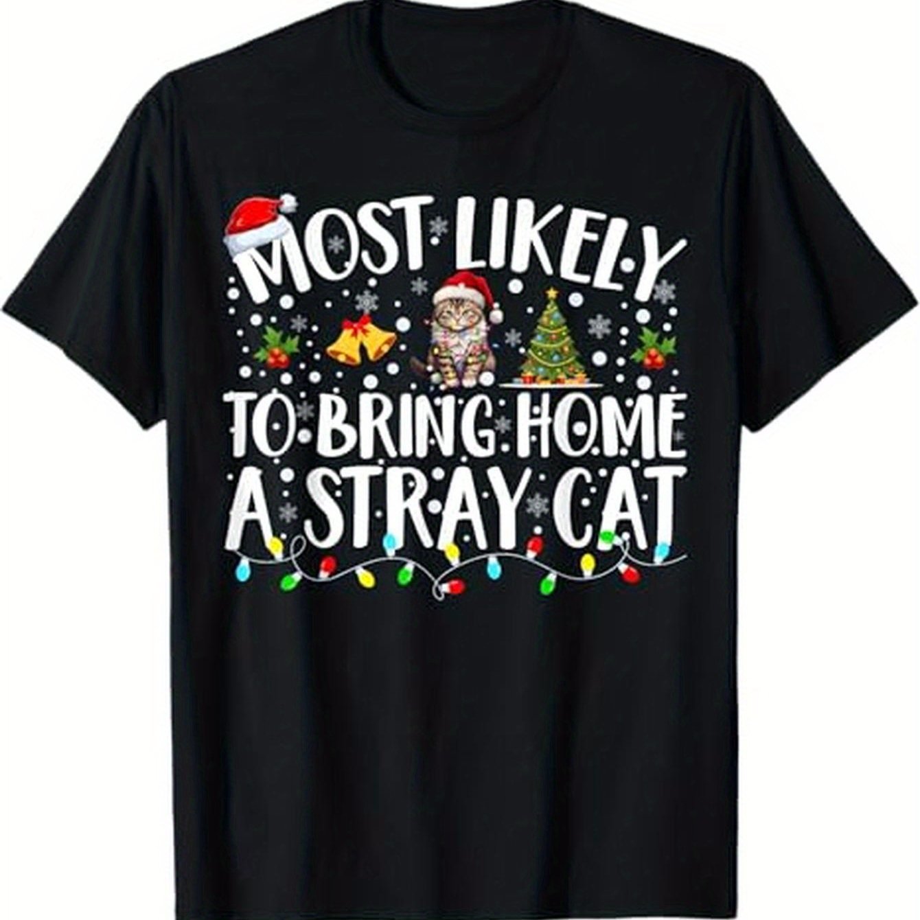 TEMU Bring Home A Christmas T-shirt For - 100% Cotton Funny Cat Lover Gift With Santa & Gingerbread Print, Short Sleeve Crew Neck Tee, S-xxxl Black,