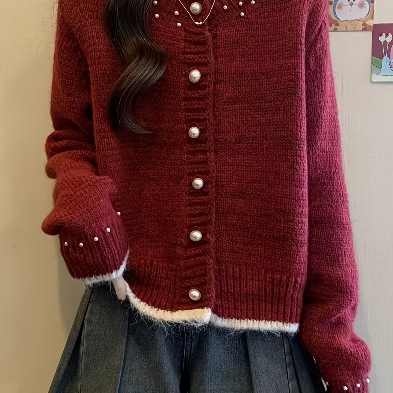 TEMU レディース ルーズフィット パールボタンアップカーディガン 新作 春秋アウター セーターコート パーティーやお出かけに トでおしゃれ