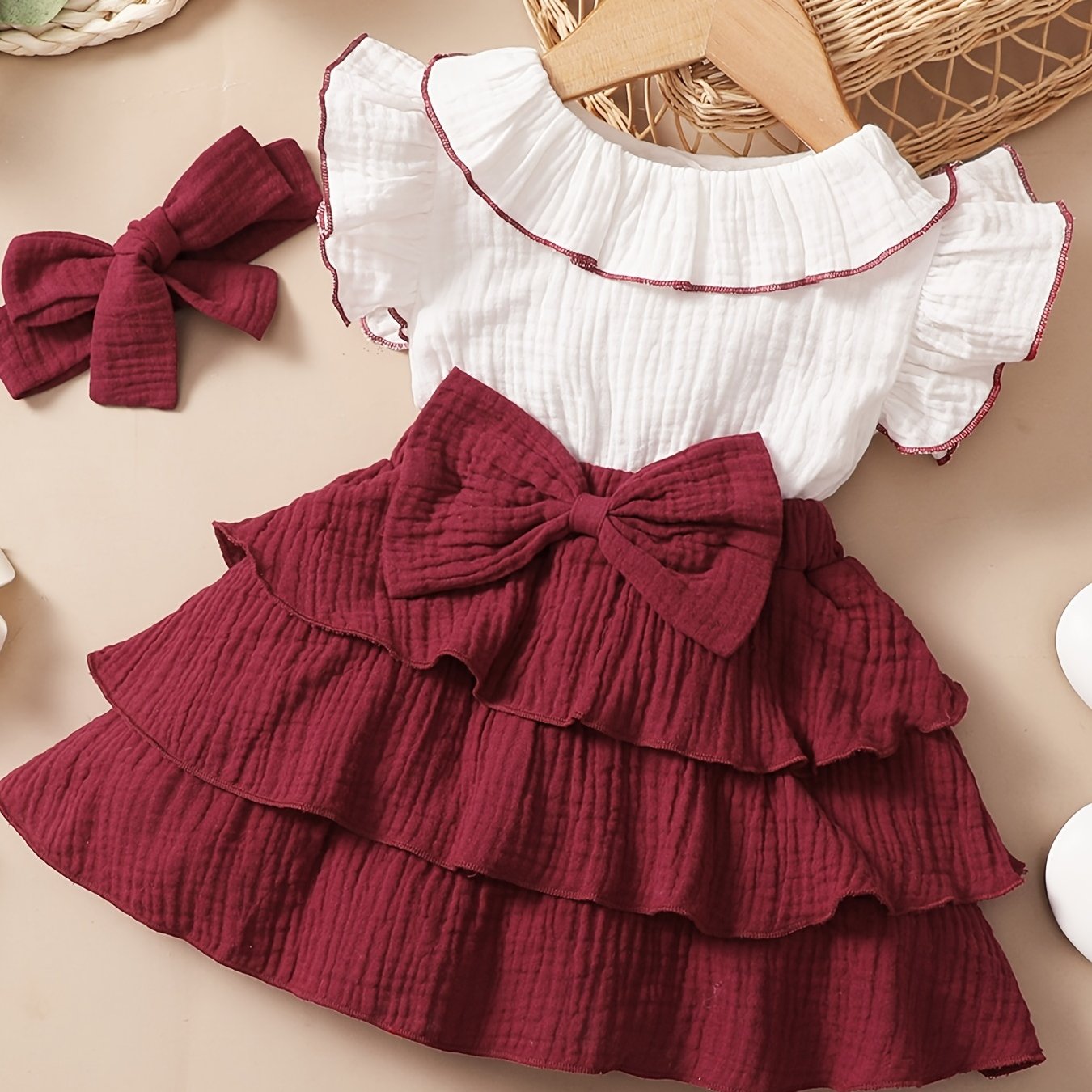 Image of Girls' Short Sleeve Dress Little Girl Fashion With Bow A-line Skirt + Bow Hair Tie