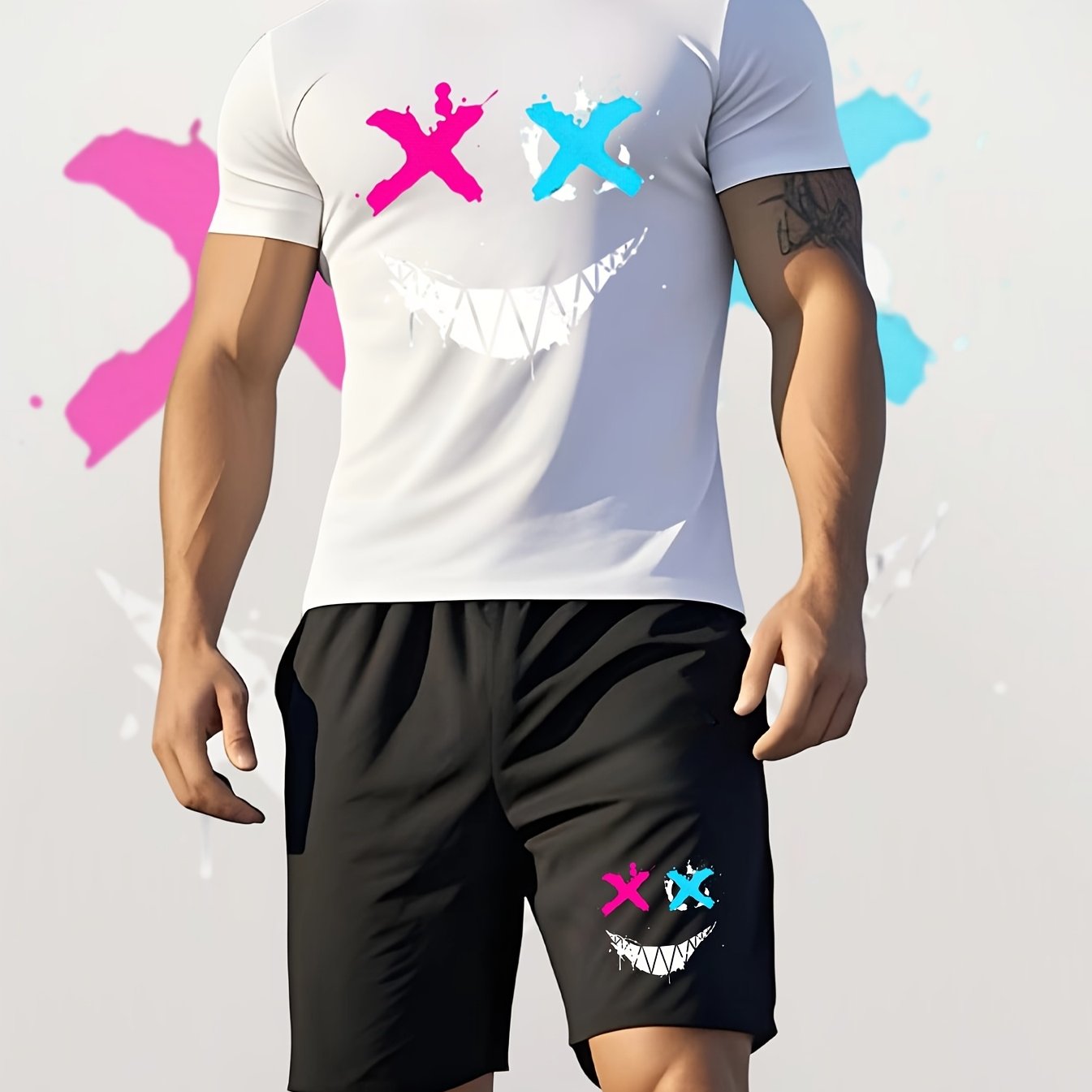 TEMU Men's Personalized Graffiti-printed Casual Suit, Short Sleeve And Shorts With Color-block "xx" And Grinning Face Patterns. Breathable And
