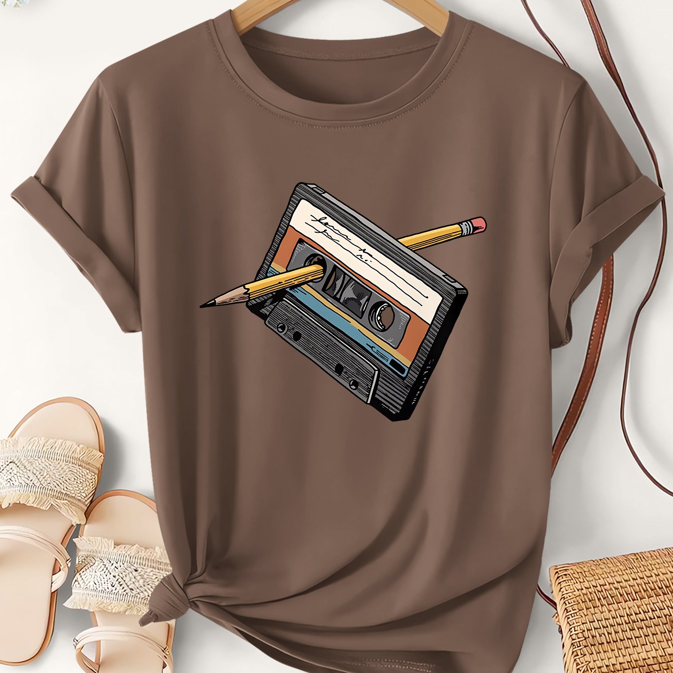 TEMU Women's Plus Size Vintage Cassette Tape T-shirt - Retro Hand-drawn Music Print -compatible Top | Pencil Short Sleeve Crew Neck Loose Fit |