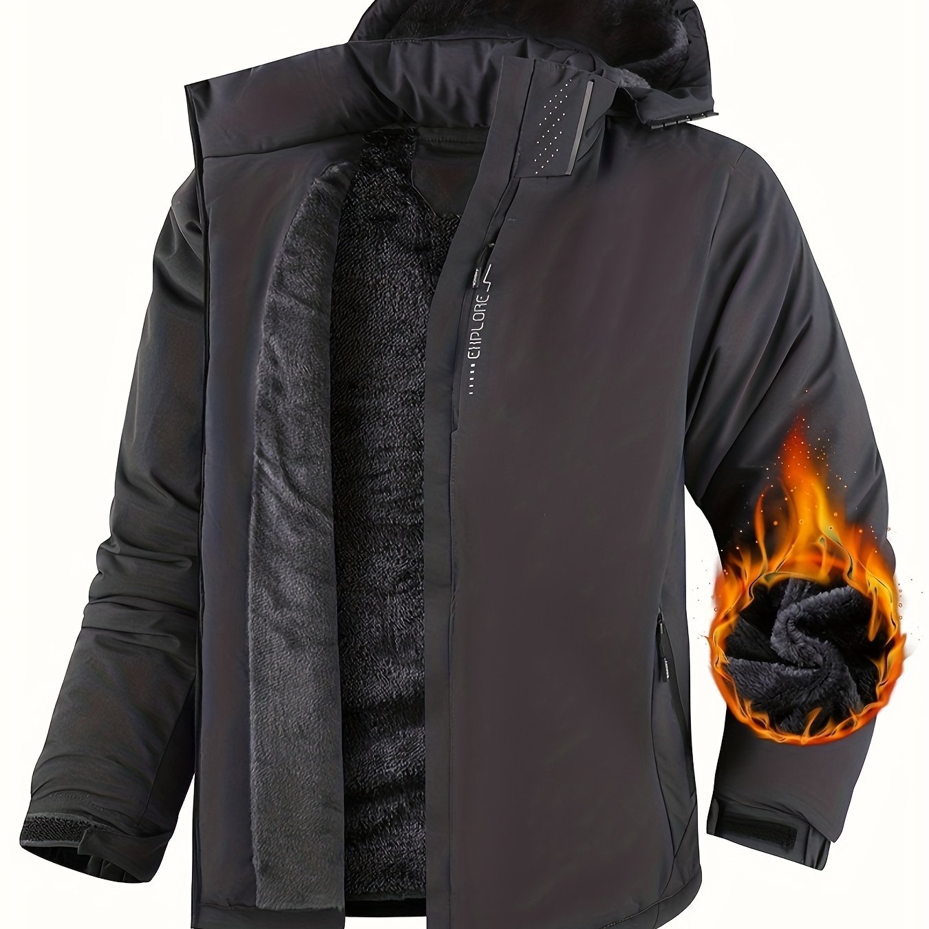 TEMU Men's Padded Jacket Fleece-lined Thickened Warm Chest Pocket Multi-pocket Coat Winter Warm Removable Hood Suitable For Outdoor Gathering Camping