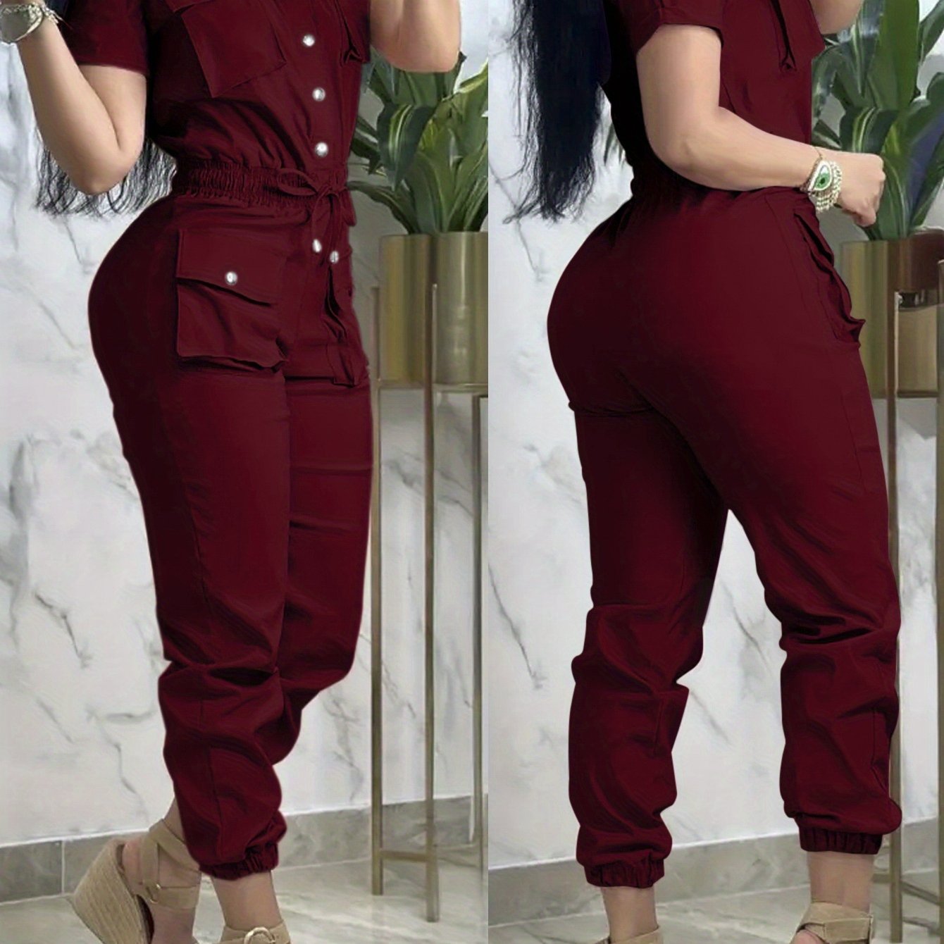 TEMU Combinaison Décontractée à Manches Courtes et Poches, Coupe Slim, Couleur Unie, Collection Été Niannian