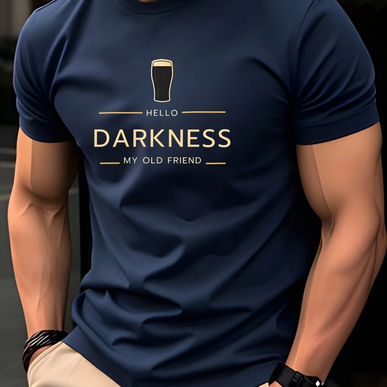 TEMU Round Neck Men's Short Sleeve T-shirt, Beer Commemorative Style "hello " Print, Black Beer Cup Easy Design, Casual Breathable Polyester Fiber,