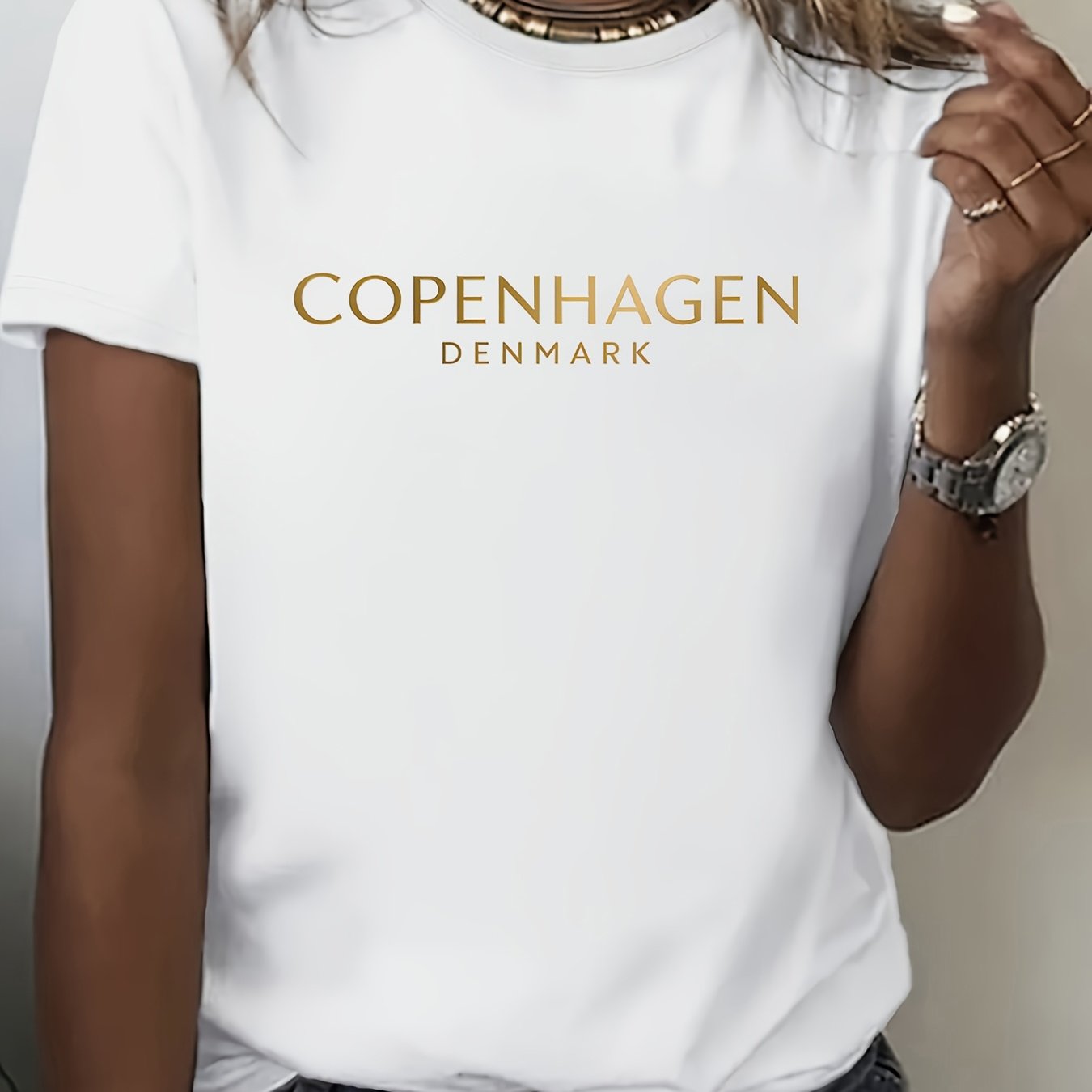 Women's Copenhagen Danish Letter Print T-shirt, Short Sleeve Crew Neck Casual Top, Regular -season Casual Wear, Danish Brand Comfortable Daily Shirt, Easy Style Suitable For Layering Or Solo Wear