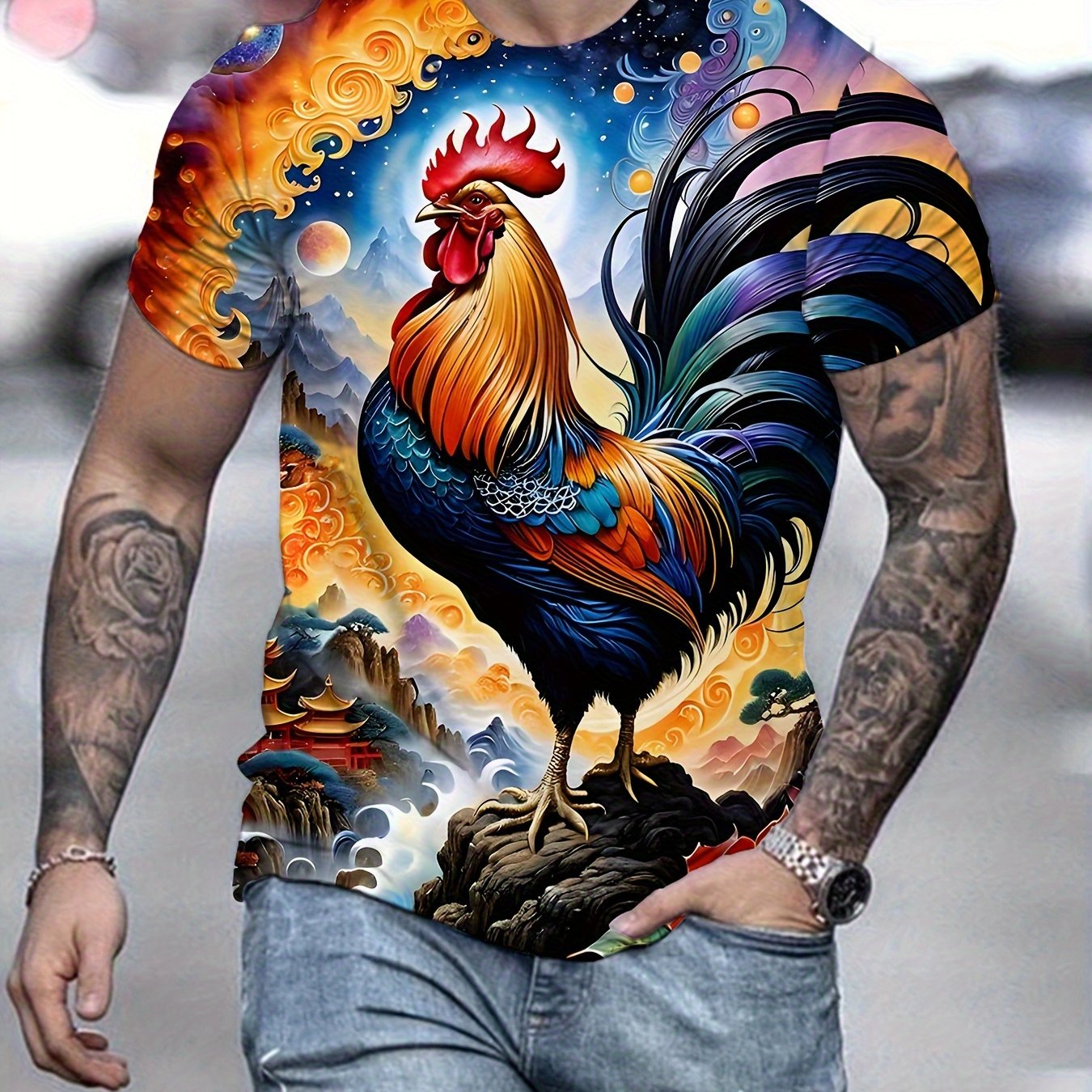 TEMU Men's Rooster Graphic Print T-shirt- Lightweight Short Sleeve Crew Neck Perfect For Outdoor Exploration And , Plus Size