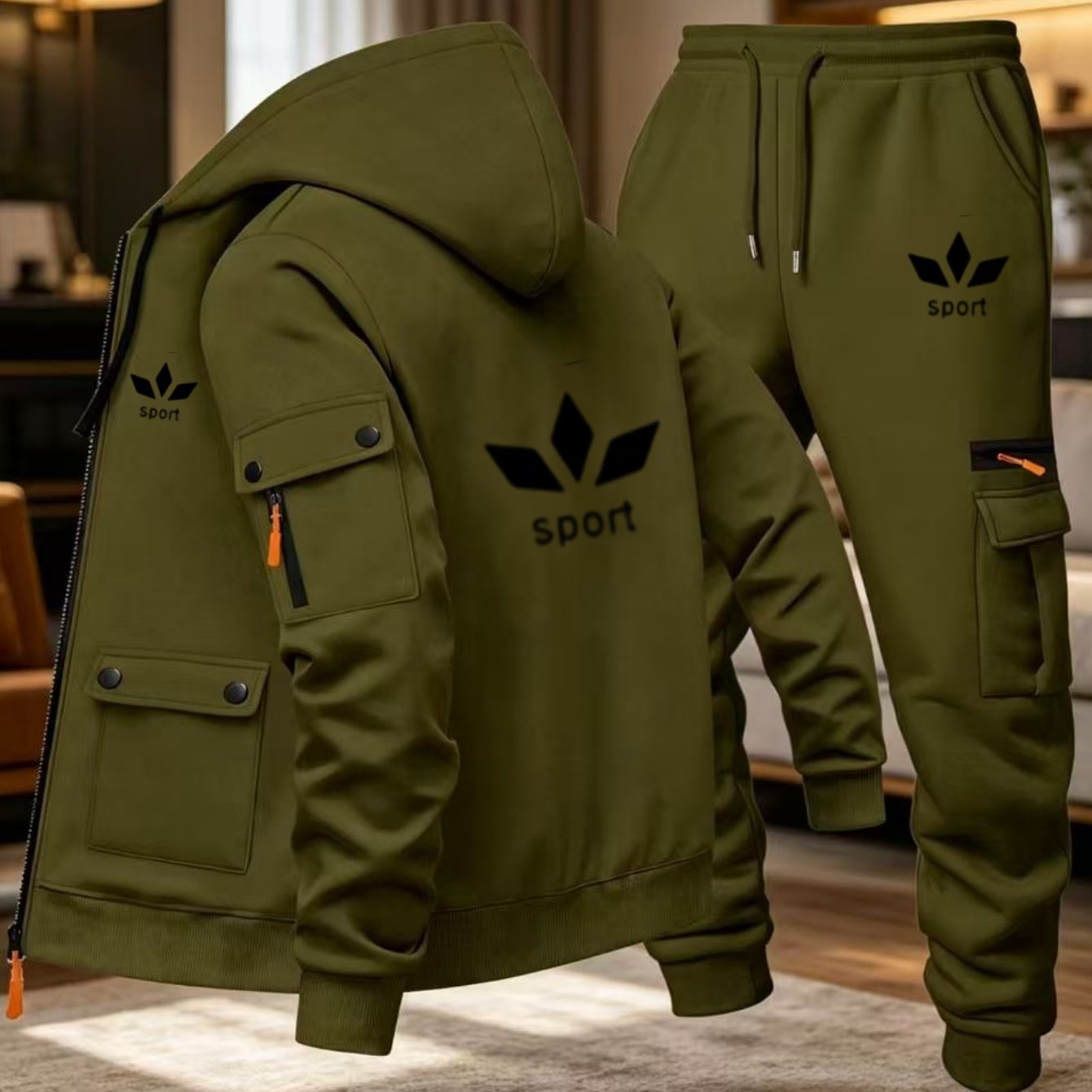 TEMU Men' Sportswear Set, Hooded Sweatshirt With Multi-pocket Cargo Pants, 2pcs Set With Sport Print