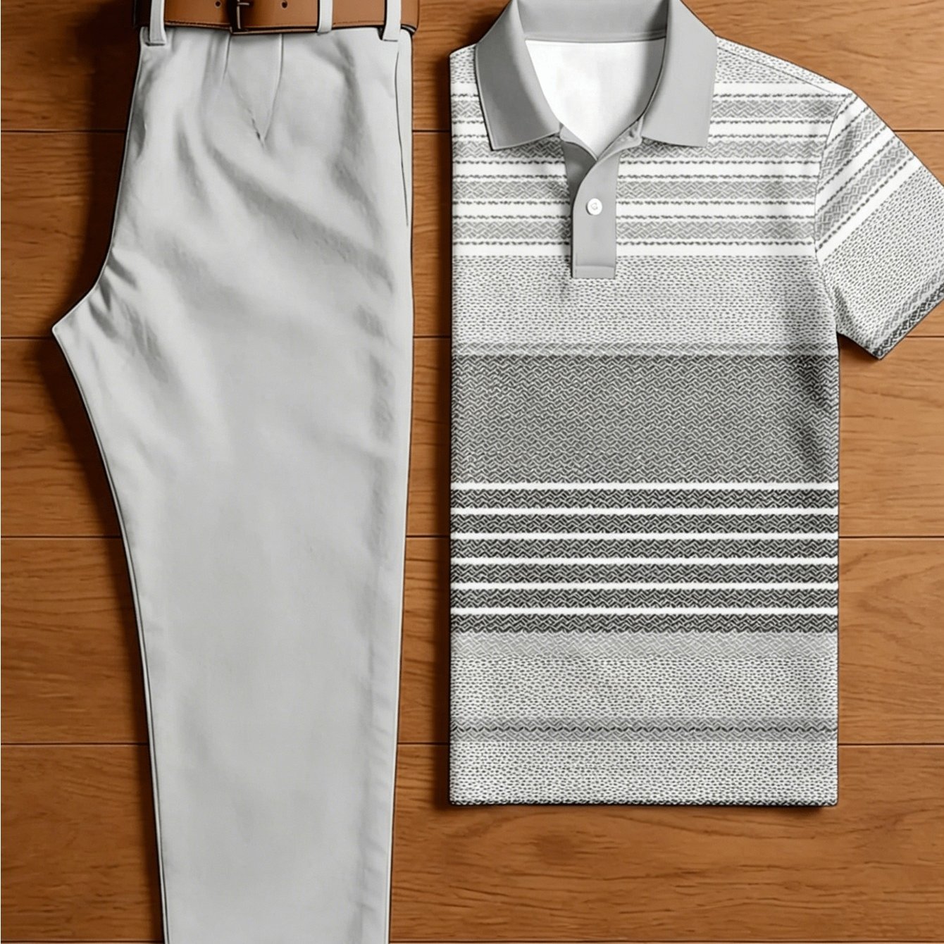 Men's 2pcs Summer Short Sleeve & Chino Suit - Gradient Grey Horizontal Stripe Shirt With Collar + Gray Straight Leg Pants, Matching Business Golf Outfit For Casual Wear, Machine Washable 2pcs