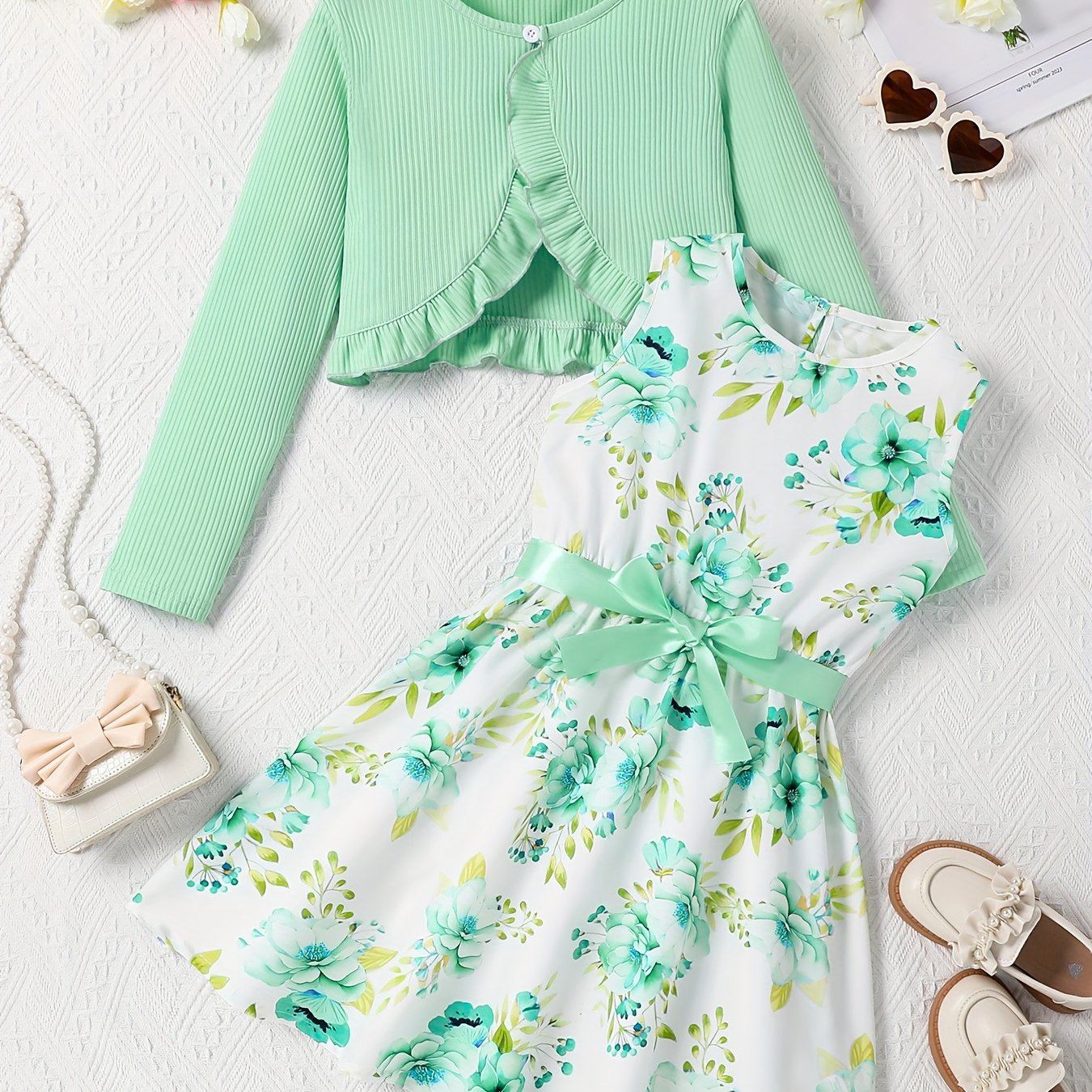 Image of 2pcs Girls Floral Print Sleeveless Dress With And Long Sleeve Cardigan Set, Suitable For Spring/autumn Daily And Outdoor Leisure, And Girl Clothing, Ideal As Party Gift, For Outdoor