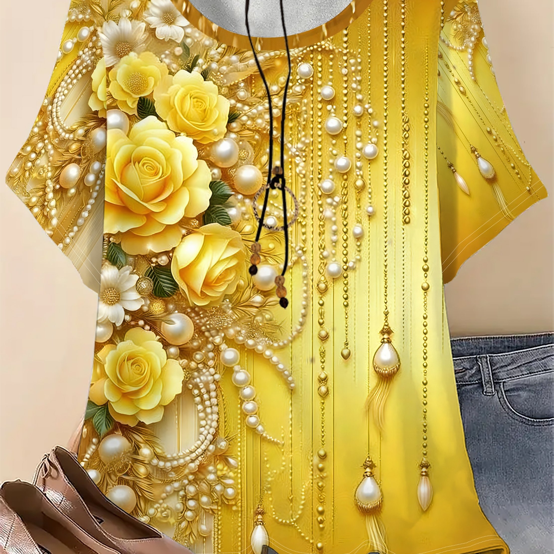 TEMU Plus Size, Women's Summer Short-sleeve Blouse - Golden Bead & Full-body Floral Print Round Neck T-shirt, Fabric, Casual Beachwear Or Dressy
