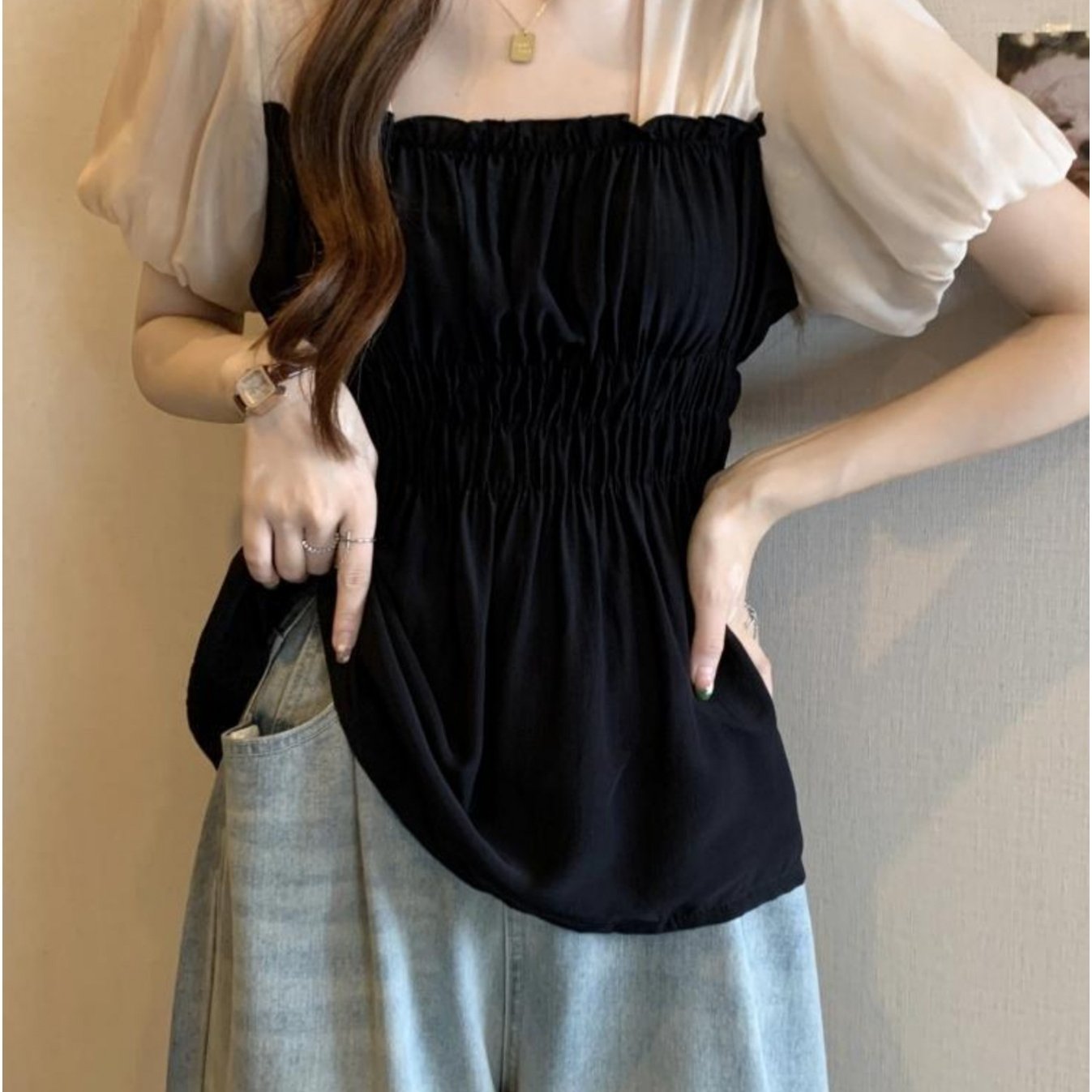 TEMU 【商品名】スリムウエストベルト、メッシュパフスリーブ、フレンチネックラインが特徴的な、軽量ブラウス（レディース）。春と夏のカジュアルなビーチでの外出に最適。
