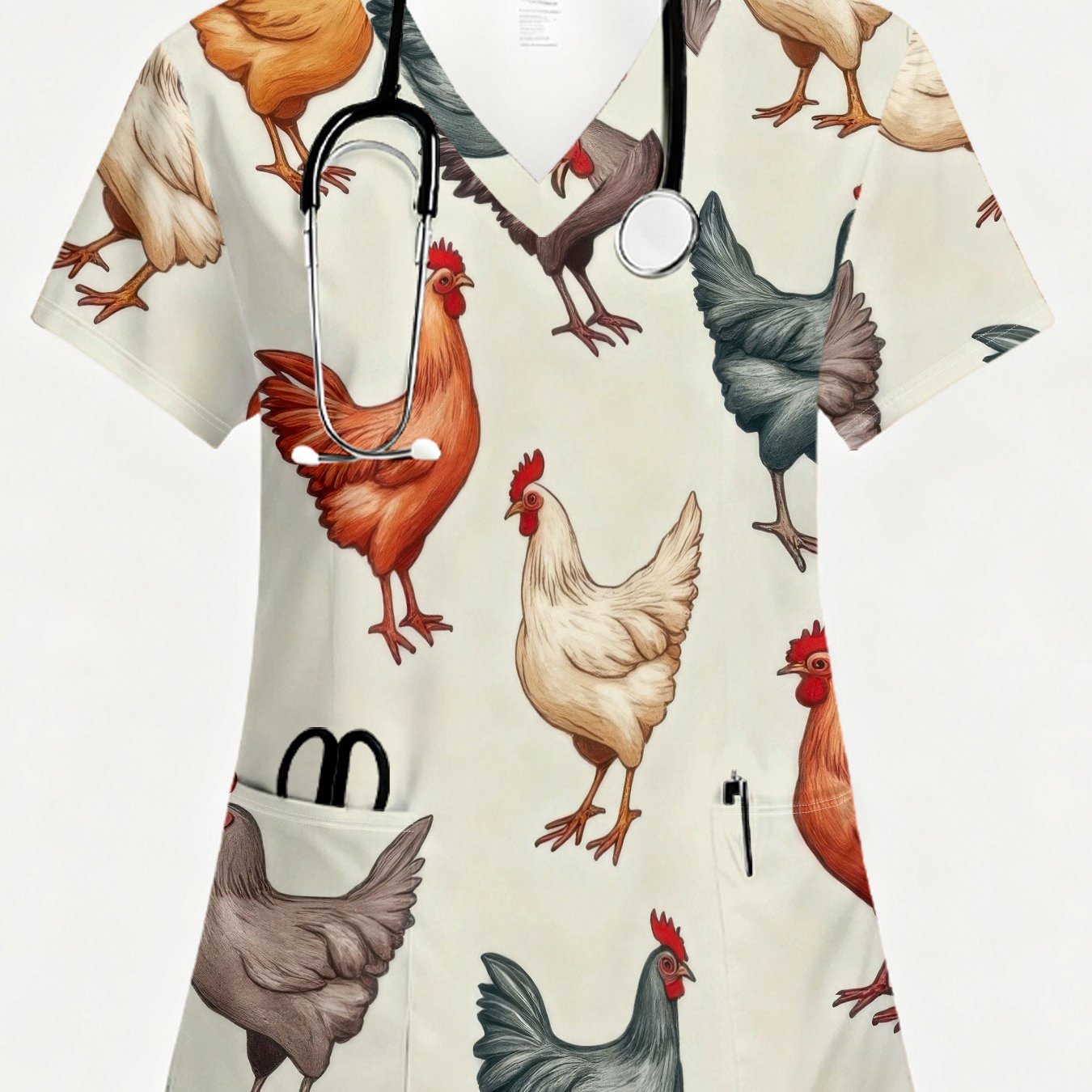 TEMU Elegant Women's Short-sleeve Nursing Uniform, Fashionable V-neck Top, Ladies' Scrubs, Colorful Chicken Flock Illustration Style With Vibrant