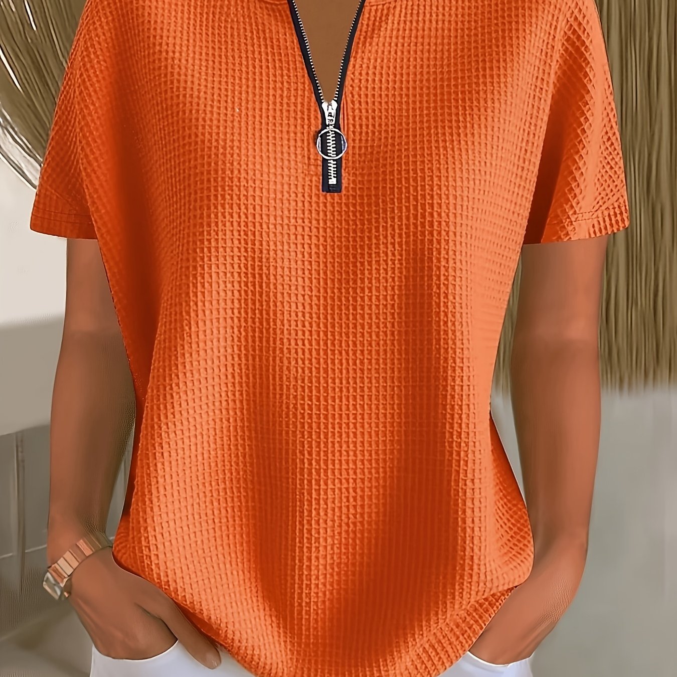 TEMU Elegant And Fashionable Women's Loose-fitting Solid-color Short-sleeved Top With Zipper Detail