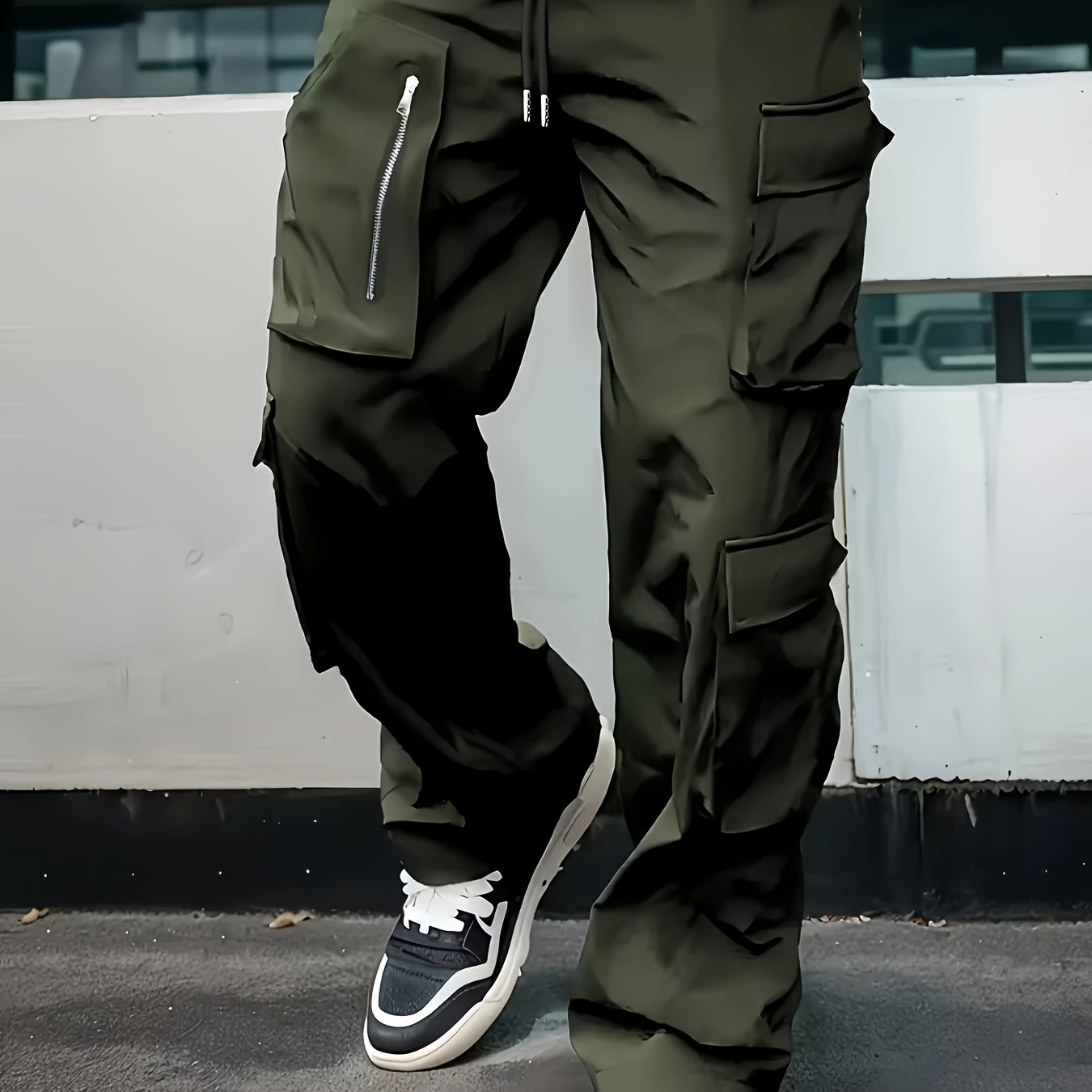 TEMU Men's Casual Cargo Pants - Relaxed Fit Straight-leg With Multiple Utility Pockets, Drawstring Waist, Durable Non-stretch Fabric, Black For