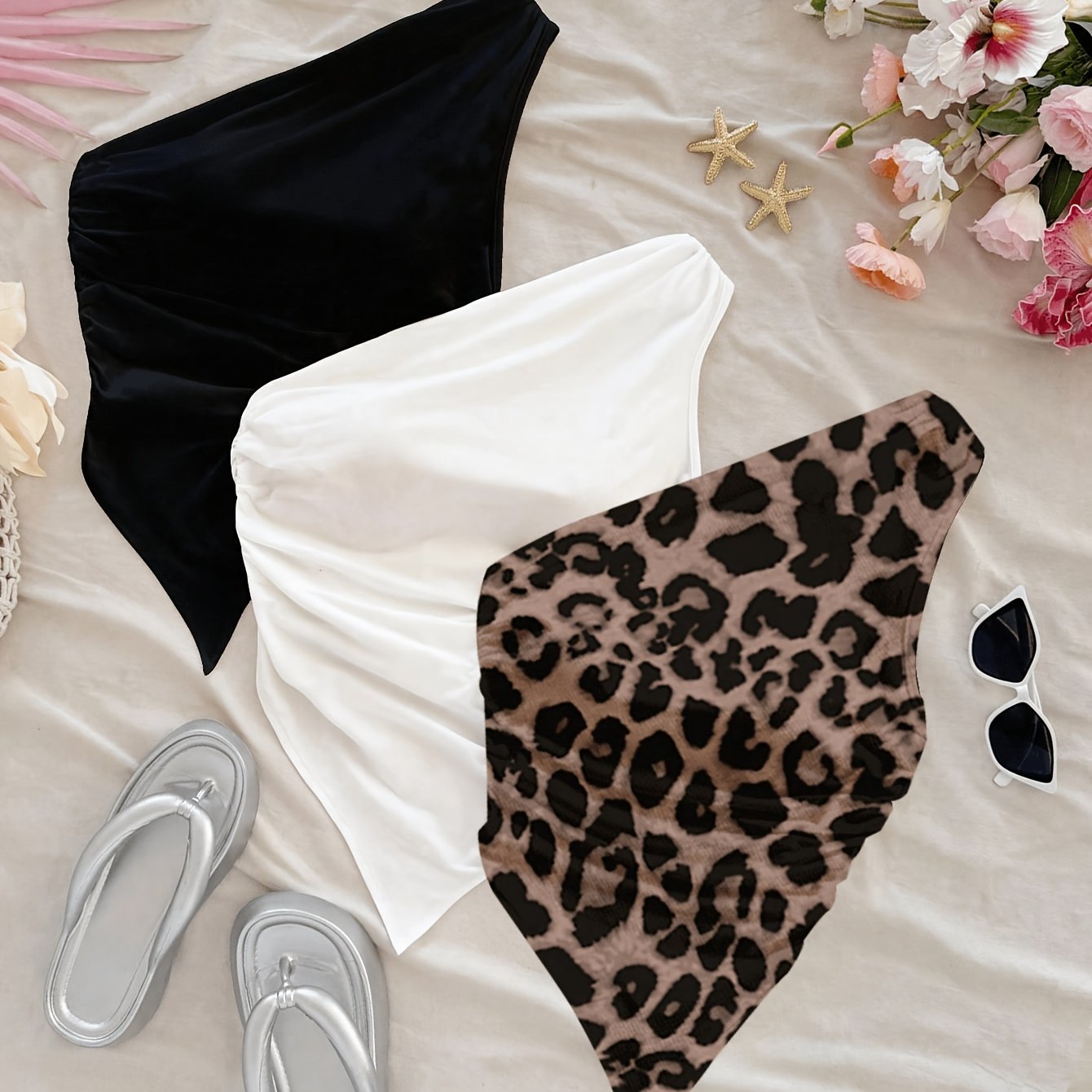 TEMU 3pcs Set With Off-shoulder Design, Asymmetrical Ruched And Cami