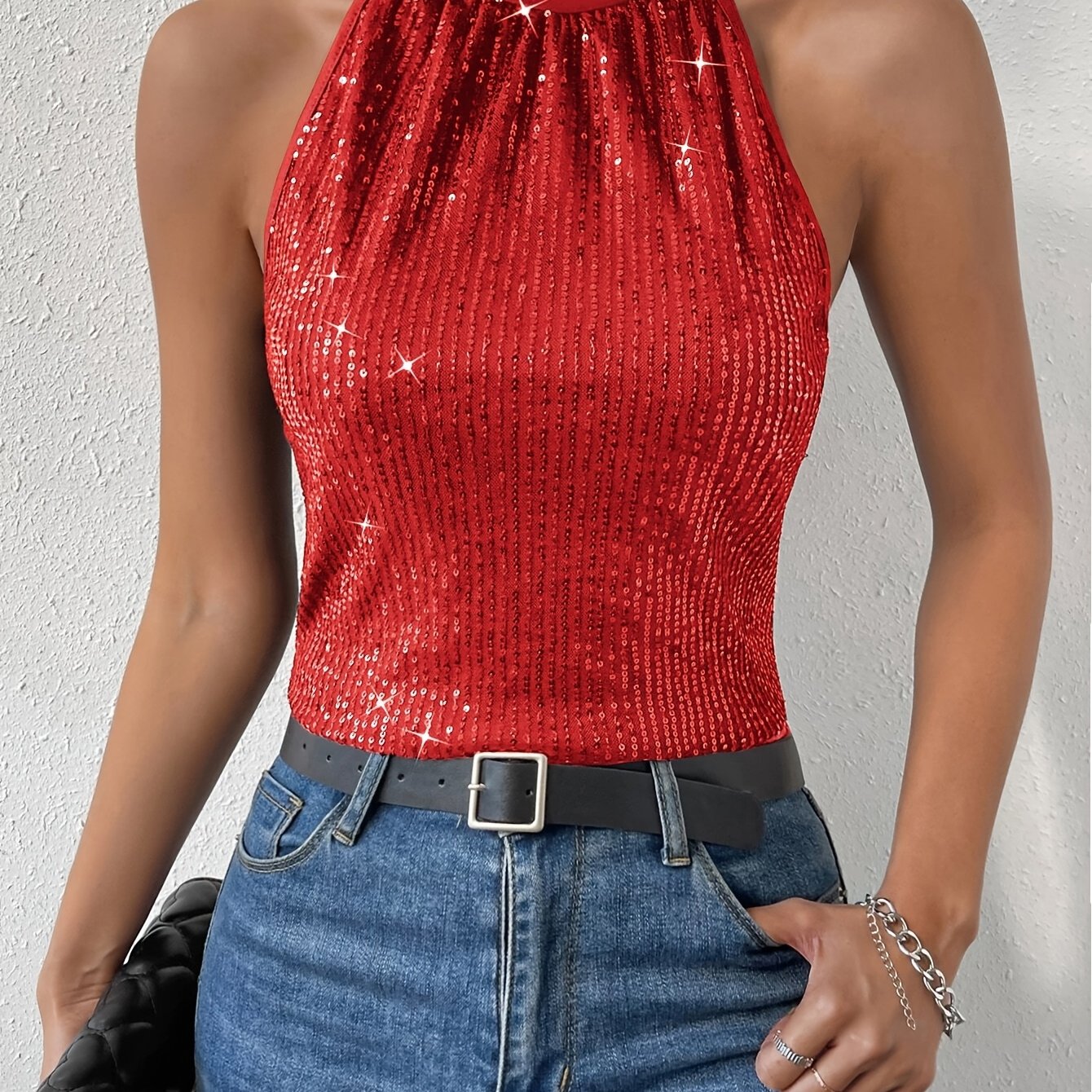 Image of Sequined Backless Spaghetti Strap Top, Elegant Sleeveless Summer Top, Women's Clothing