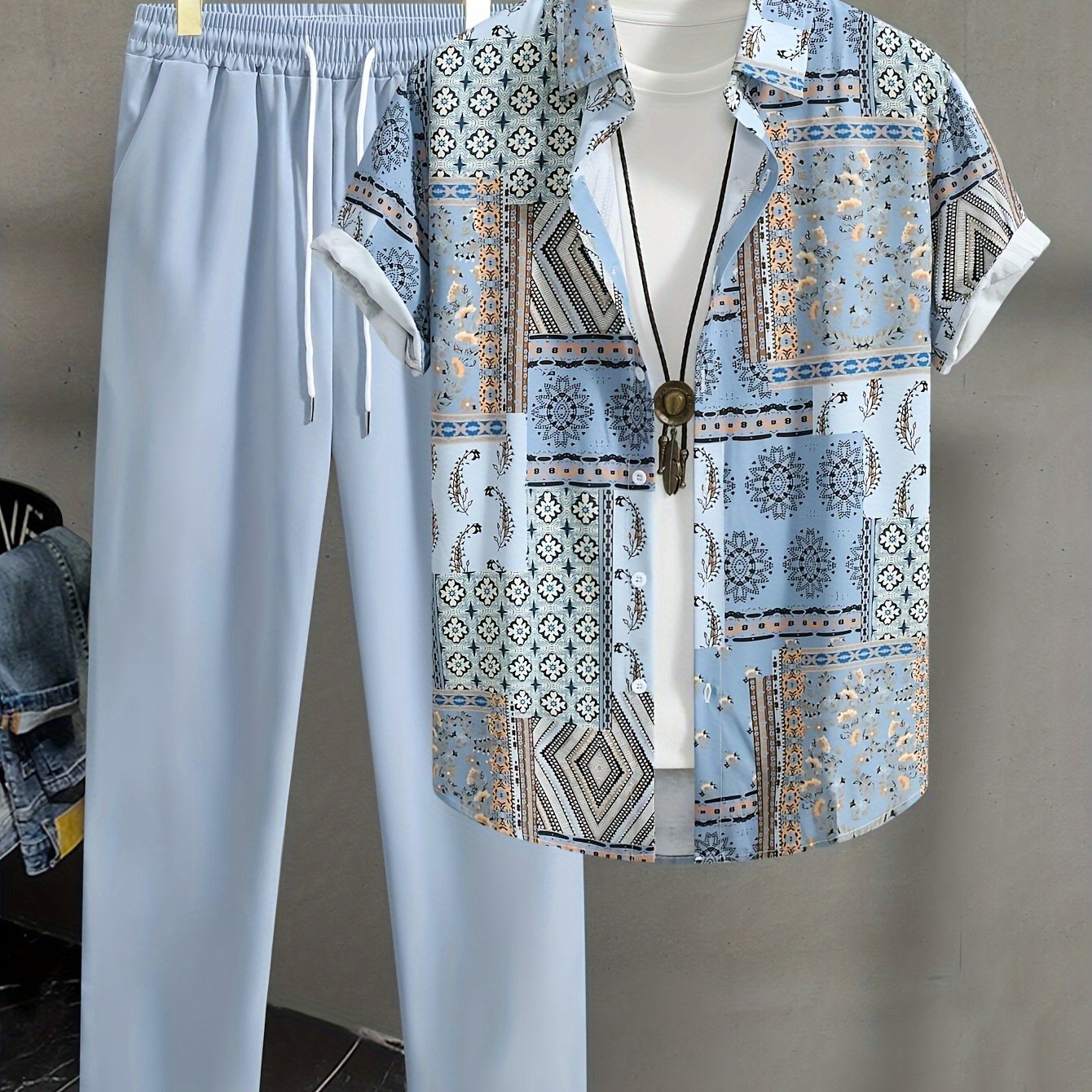 TEMU Men's Casual Fashion Set: Geometric Print, Polyester Shirt & Drawstring Pants - Machine Washable